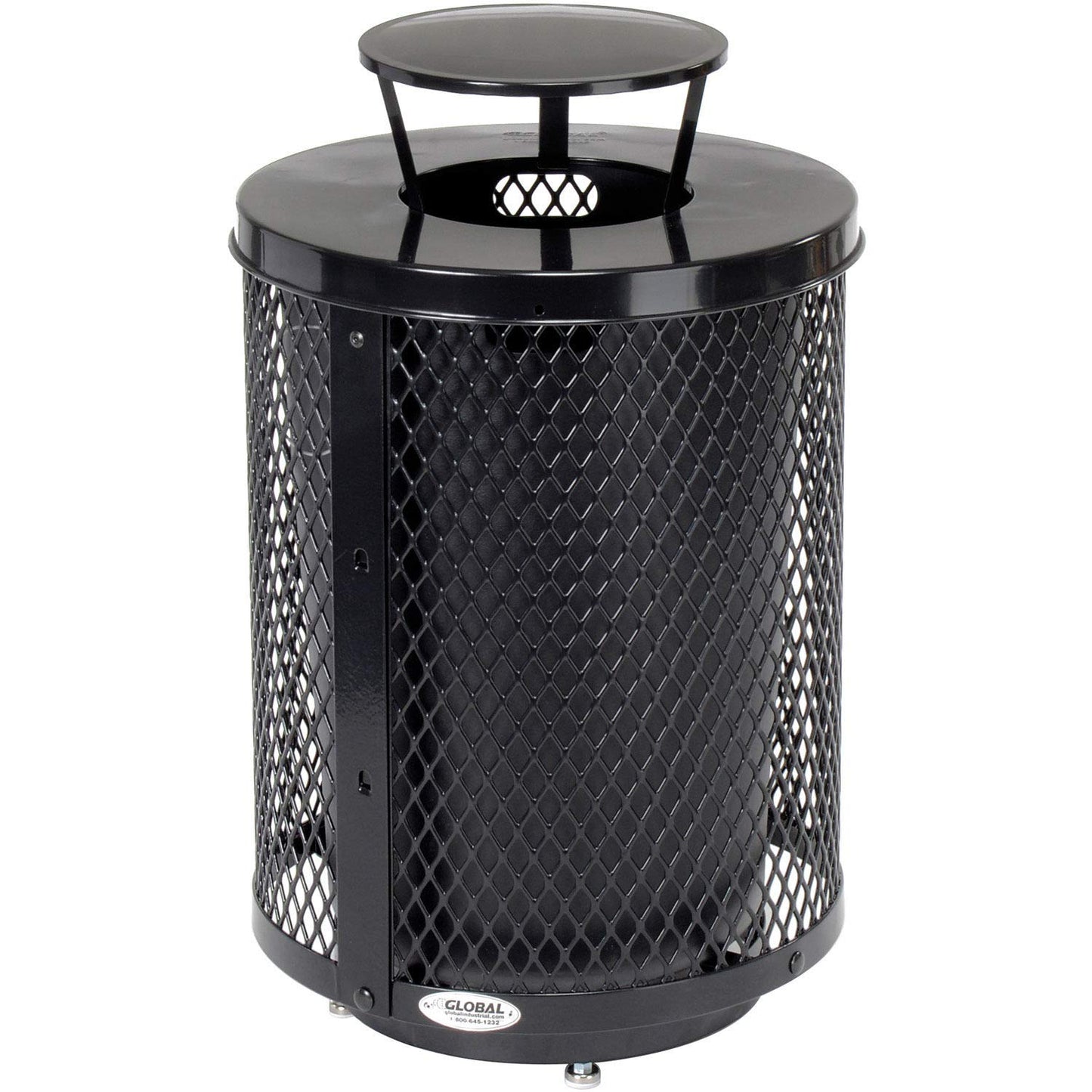 Global Industrial Outdoor Diamond Steel Trash Can with Rain Bonnet Lid, Raised Base and Plastic Liner, 36 Gallon Capacity, Black, Thermoplastic Coating, 23-1/2" Diameter, 43-1/2"H