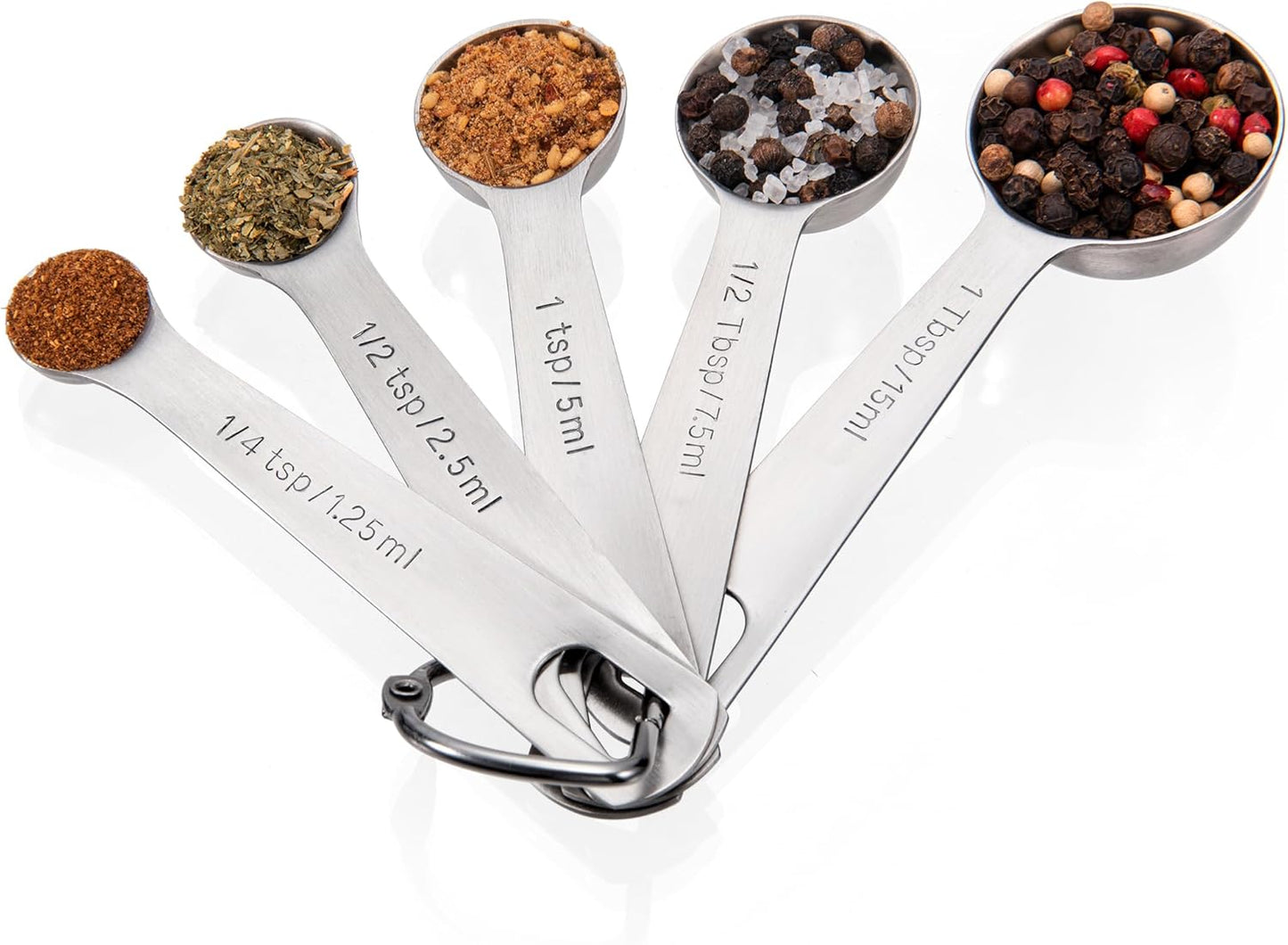 Doosu Measuring Spoons Set of 5-18/8 Stainless Steel Heavy Duty Teaspoons Tablespoons with Engraved Metric & US Measurements, Metal Measure Spoon for Dry and Liquid Ingredients, Dishwasher Safe