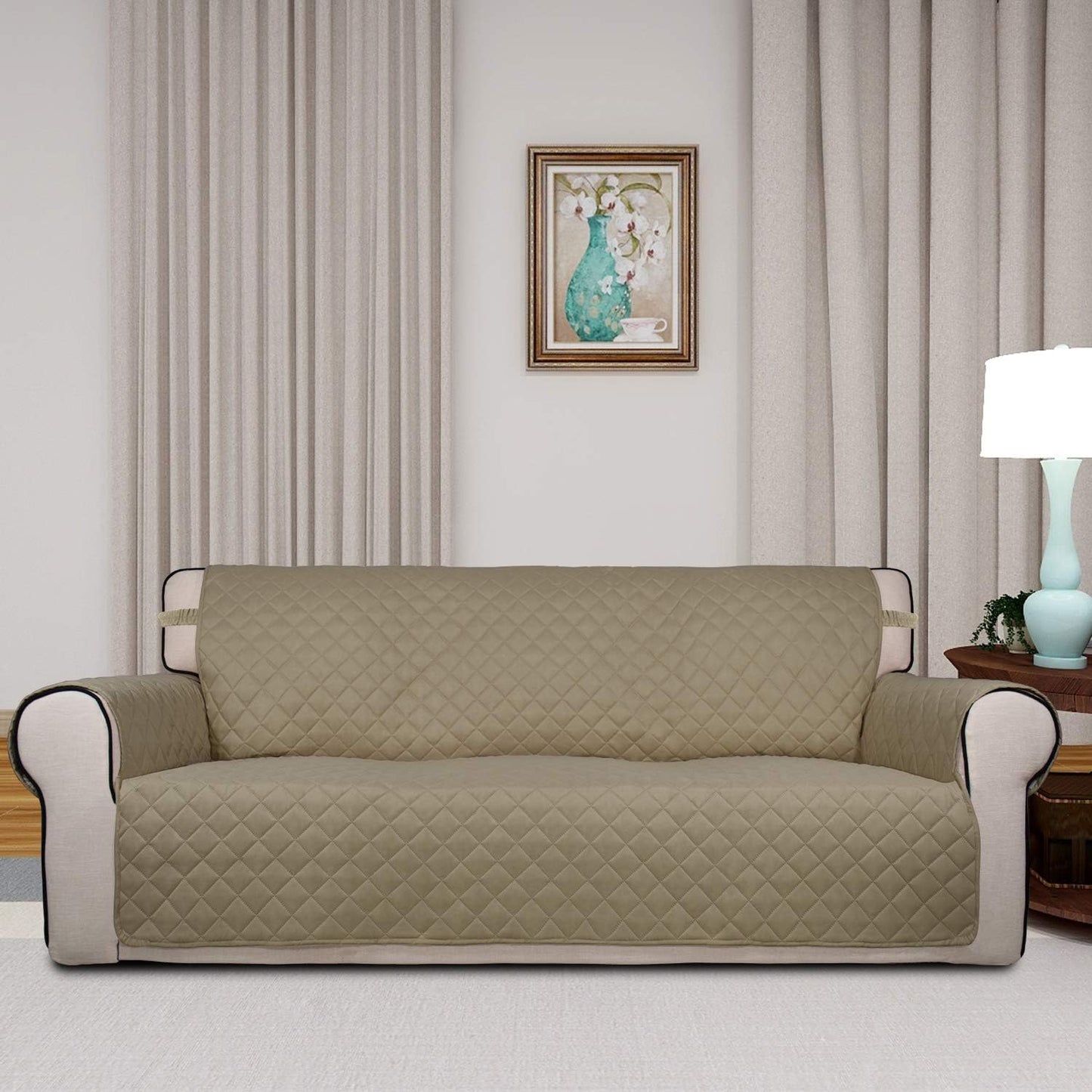 PureFit Reversible Quilted Sofa Cover, Water Resistant Slipcover Furniture Protector, Washable Couch Cover with Non Slip and Elastic Straps for Kids, Dogs, Pets (Sofa, Beige/Beige)