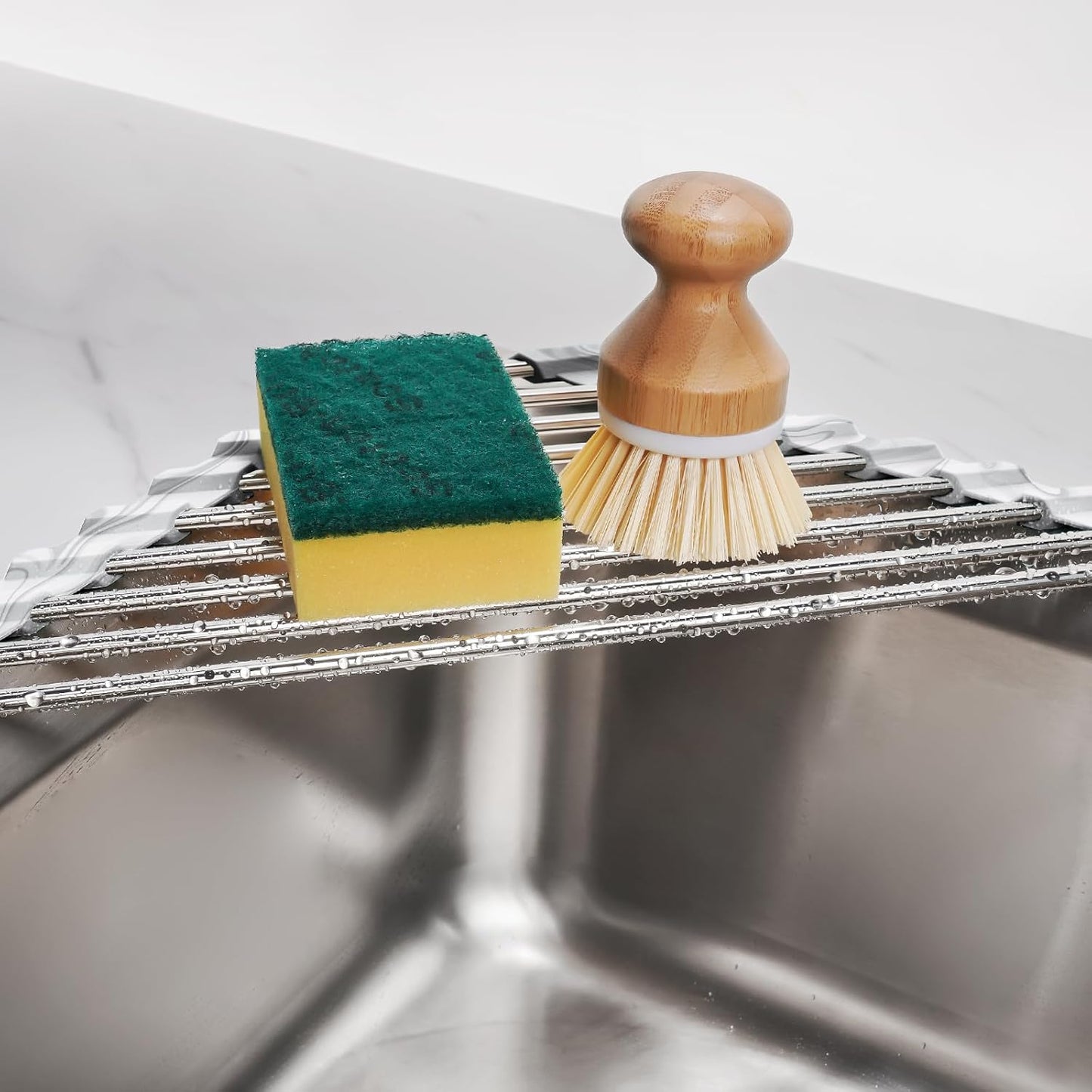 Tomorotec Marble Triangle Roll-Up Dish Drying Rack for Sink Corner - Small, Foldable, Stainless Steel, Multipurpose Kitchen Drainer Caddy, Trivet, Rustproof Organizer, Storage Shelf