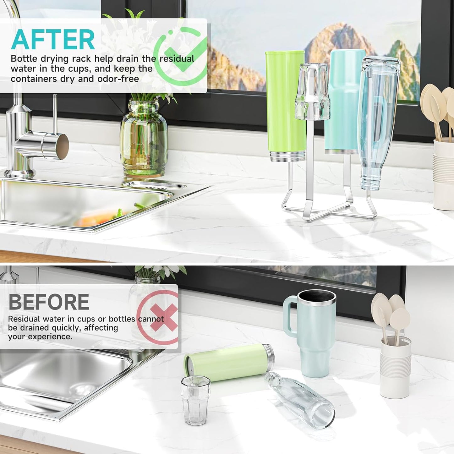 Bottle Drying Rack Reusable Drying Holder for Bottles Stainless Steel Foldable Water Bottle Dryer Rack Space Saving Baby Bottle Drying Rack Kitchen Stand Holder for Plastic Bags, Bottles and Cups