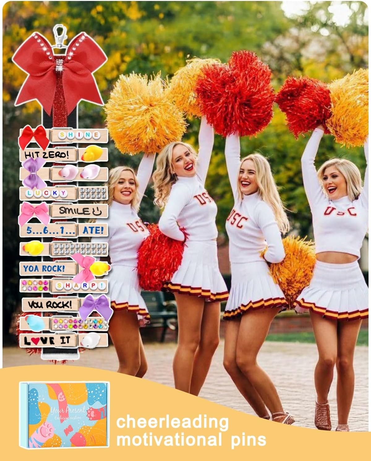 Cheer Pins for Backpack Cheer Stuff Kit 70 Clothes Pins with Mini Resin Ducks Mini Bows Letter Beads Team Cheerleaders Gifts Bulk Pin Me Ribbon for Bag Decorations Spirit Clips Competition Accessories