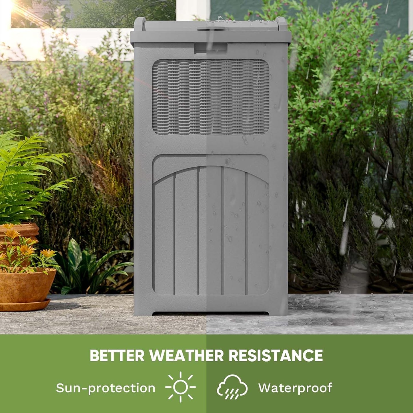 Patiowell 36 Gallon Outdoor Trash Can, Resin Outdoor Garbage Can with Lid for Patio, Backyard, Deck, Gray