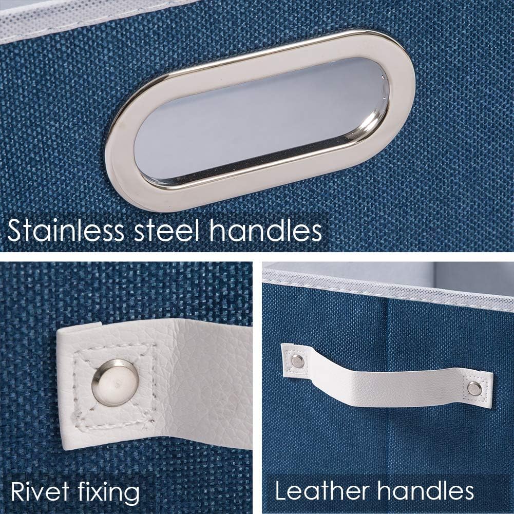 PRANDOM Larger Collapsible Storage Bins for Closet [5-pack] Decorative Linen Fabric Storage Baskets Cubes with Leather/Metal Handles for Living Room Royal Blue (17.3x12.2x10.4 Inch)