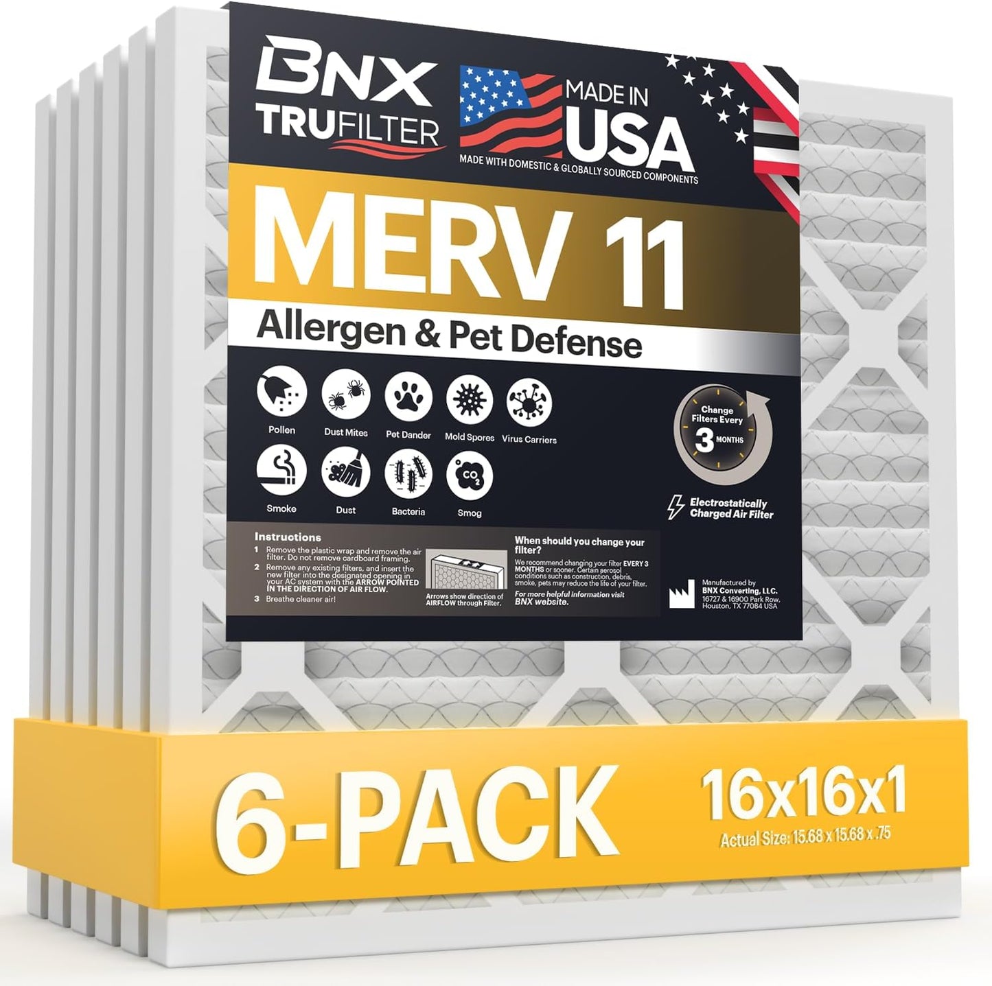 BNX TruFilter 16x16x1 Air Filter MERV 11 (6-Pack) - MADE IN USA - Allergen Defense Electrostatic Pleated Air Conditioner HVAC AC Furnace Filters for Allergies, Dust, Pet, Smoke, Allergy MPR 1200 FPR 7