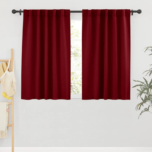 RYB HOME Cafe Window Curtains - Heavy Duty Solid Drapes with Back Tab Top, Thermal Insulated Panels for Wedding Holiday Girl Bedroom Nursery, W 42 x L 54, Burgundy Red, 1 Pair