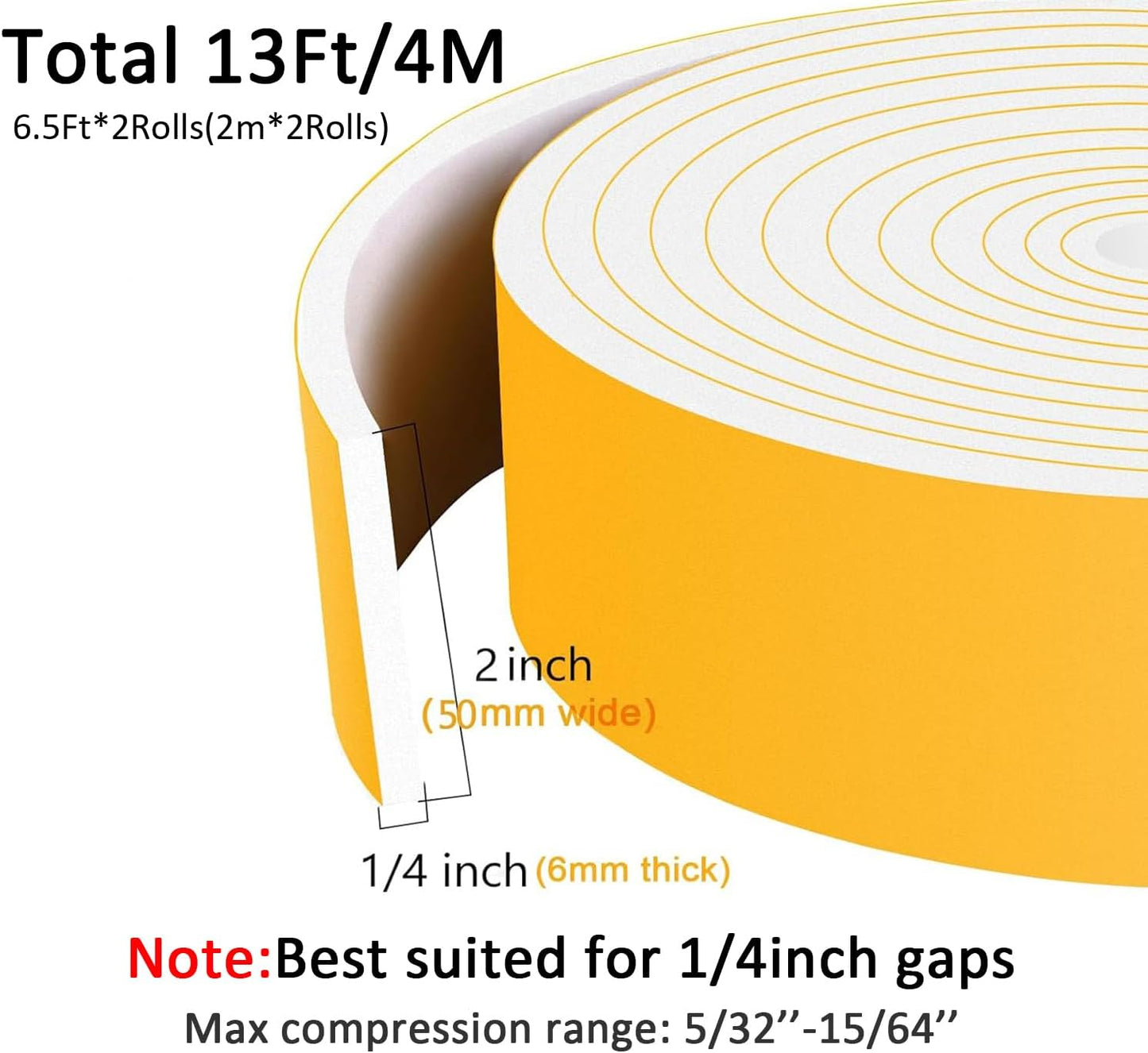 Strong Adhesive Foam Insulation Tape Self Adhesive, Closed Cell Weather Stripping for Doors and Windows, Cooling,Air Conditioning Seal Strip, Self Adhesive Foam Tape(2 in x 1/4 in x 13Ft)