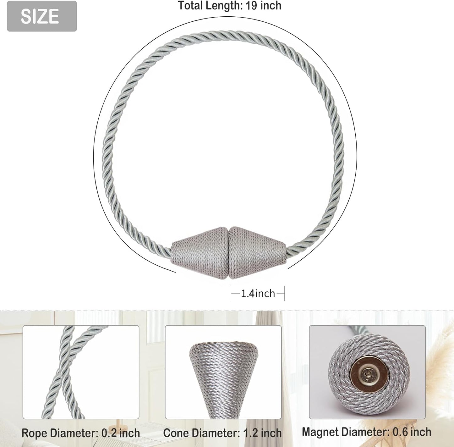 Magnetic Curtain Tiebacks 2 Pack Outdoor Rope Curtain Tie Backs Decorative Window Treatment Holdbacks for Home Decorative Curtain, Grey
