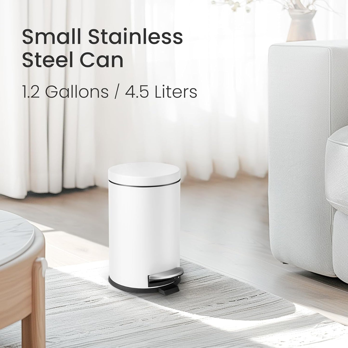 Cesun 1.2 Gallons Small Trash Can with Lid, White Bathroom Garbage Can with Foot Pedal, Mini Round Wastebasket for Bathroom, Bedroom, Office, 4.5 Liters / 1.2 Gallons, White