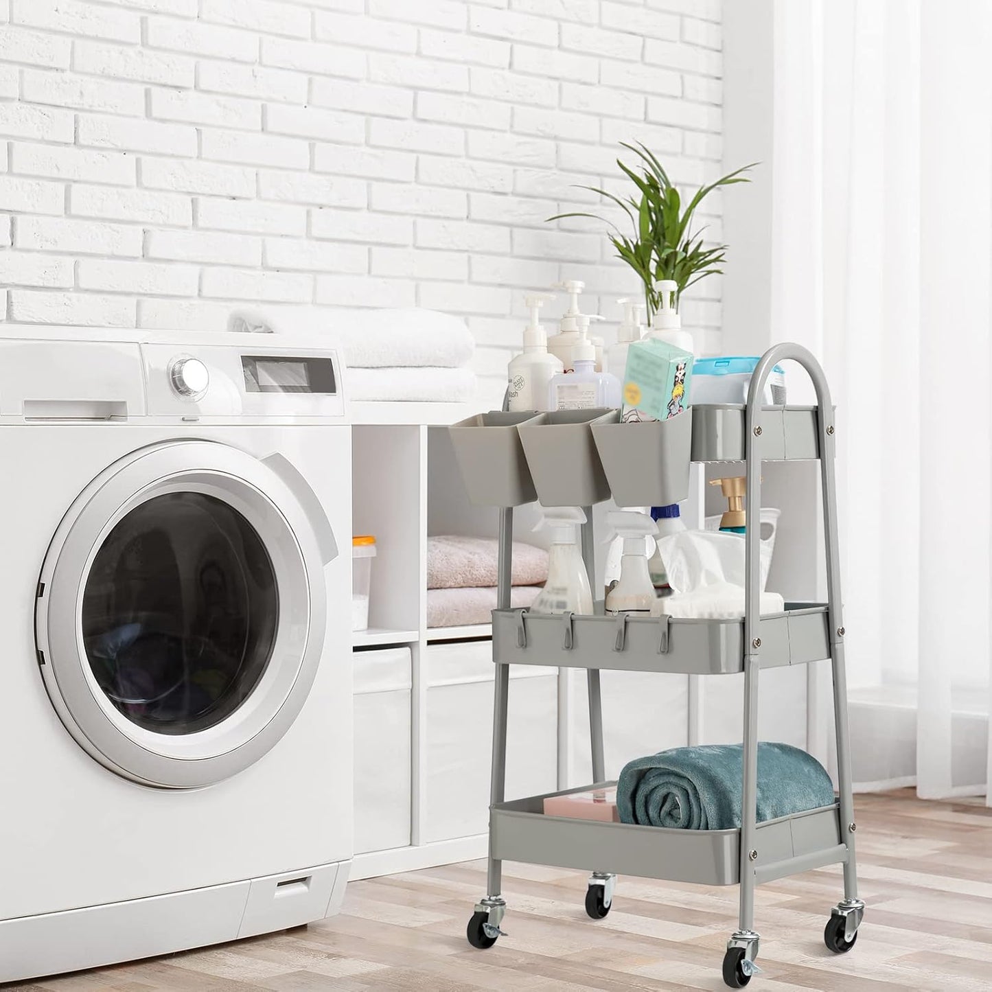 danpinera 3-Tier Rolling Cart, Metal Rolling Storage Cart with Lockable Wheels & Hanging Cups & Hooks, Mobile Trolley Cart for Kitchen, Bathroom, Office, Workshop, Gray