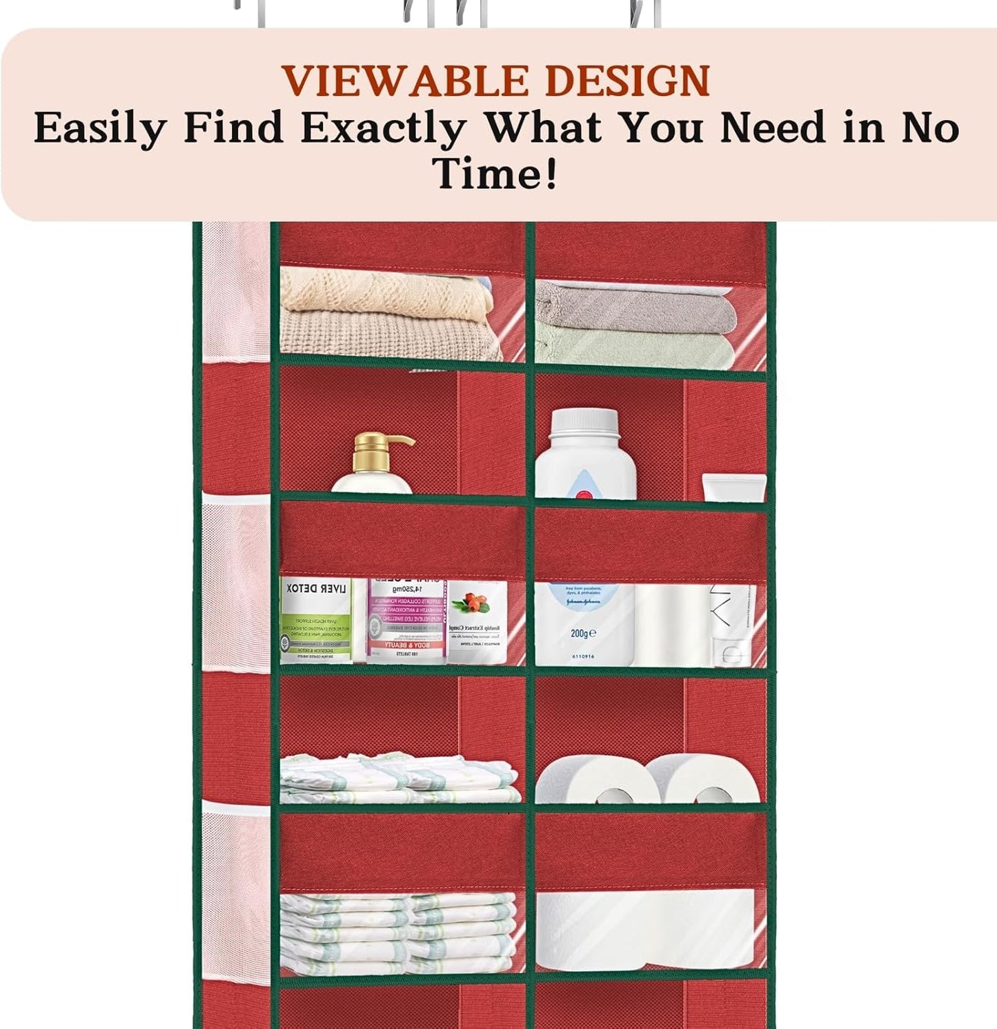 Over The Door Organizer 5 Tiers, Extra Large Behind Door Storage of 10 Compartments, 80 lbs Weight Capacity Hanging Storage Organizer with Clear Window Kids Toys,Shoes,Diapers,Room Storage, Red