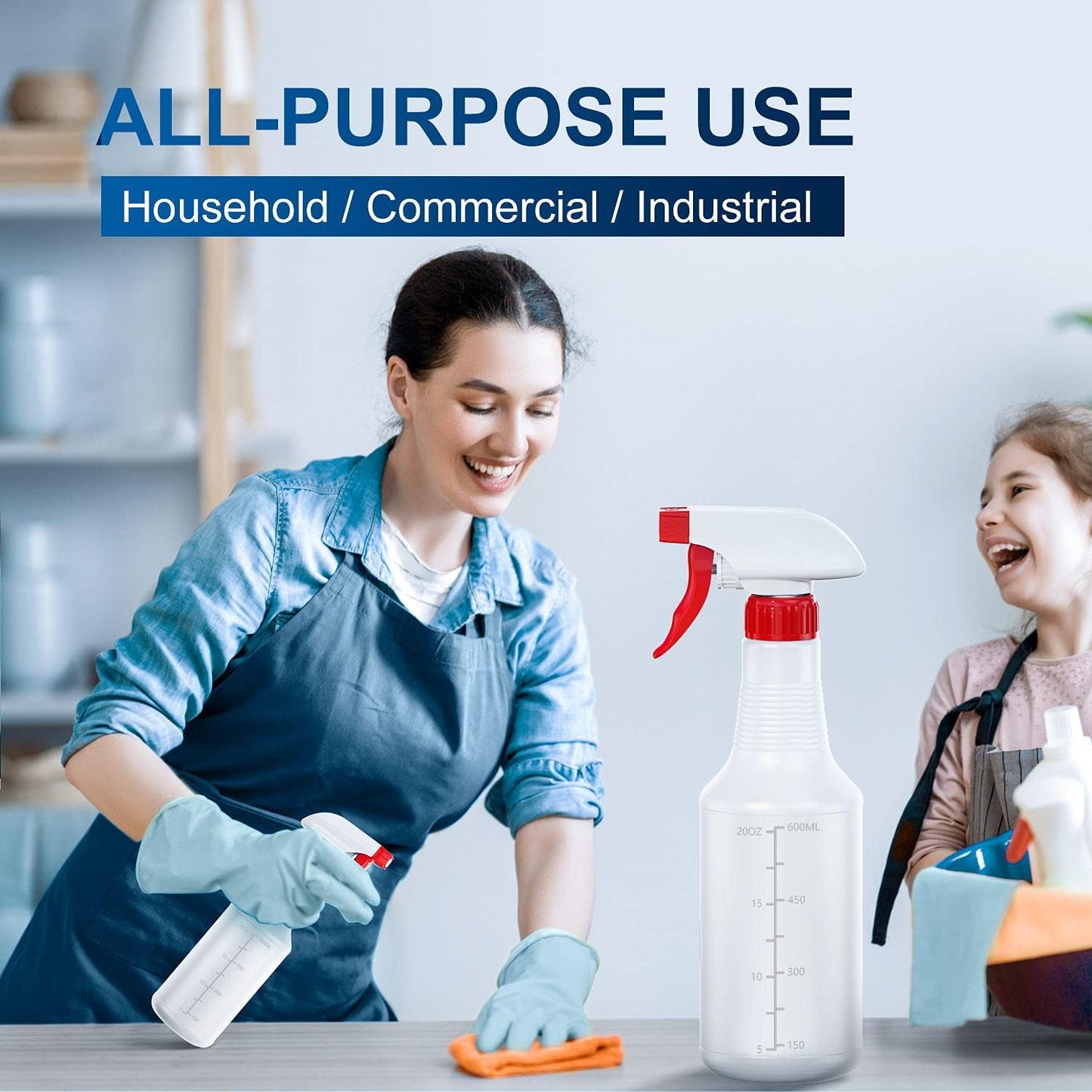 Veco Spray Bottle (5 Pack,24 Oz) with Measurements and Adjustable Nozzle(Mist & Stream Mode), HDPE Plastic Spray Bottles for Cleaning Solution, Household/Commercial/Industrial Use, No Leak and Clog