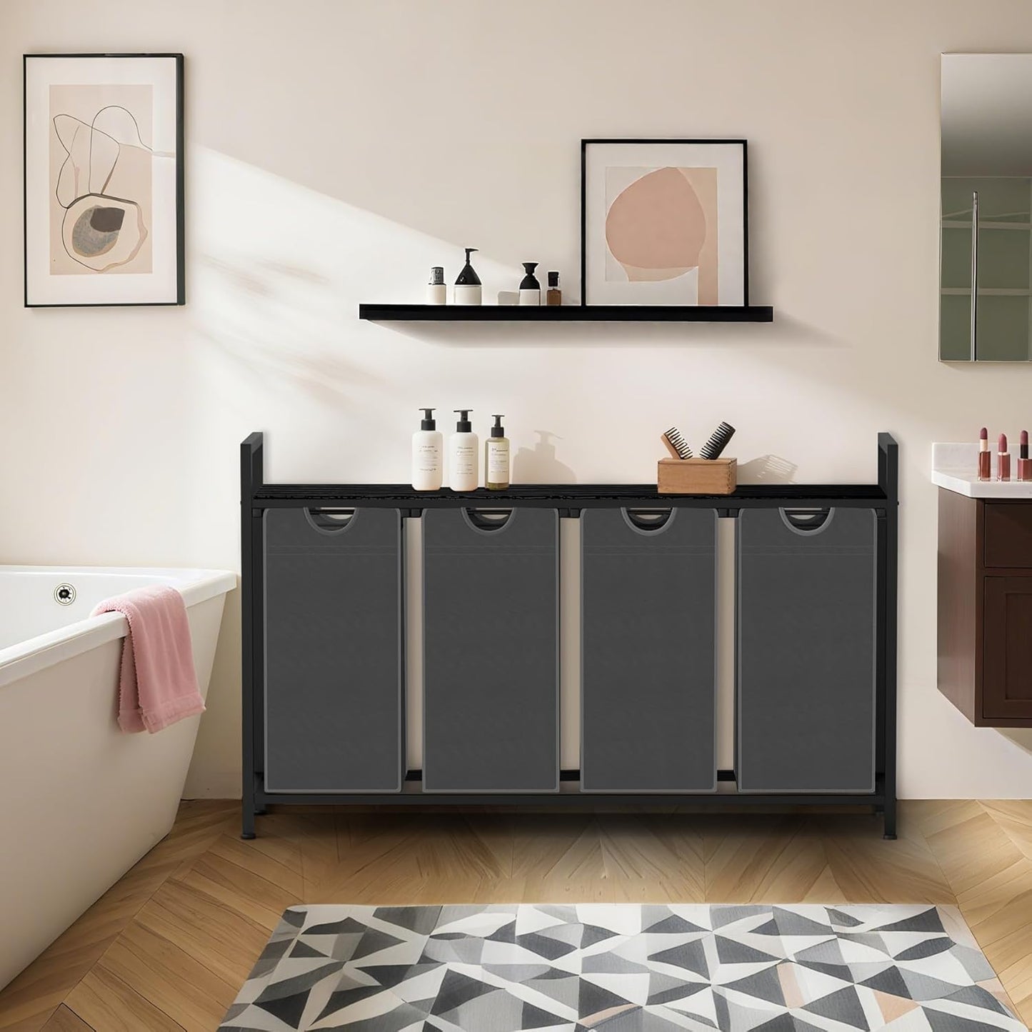 Laundry Hamper, Laundry Sorter with 4 Pull-Out Removable Oxford Fabric Bags Cloth Laundry Basket 4 x 10 Gallons (Grey and Charcoal Black)