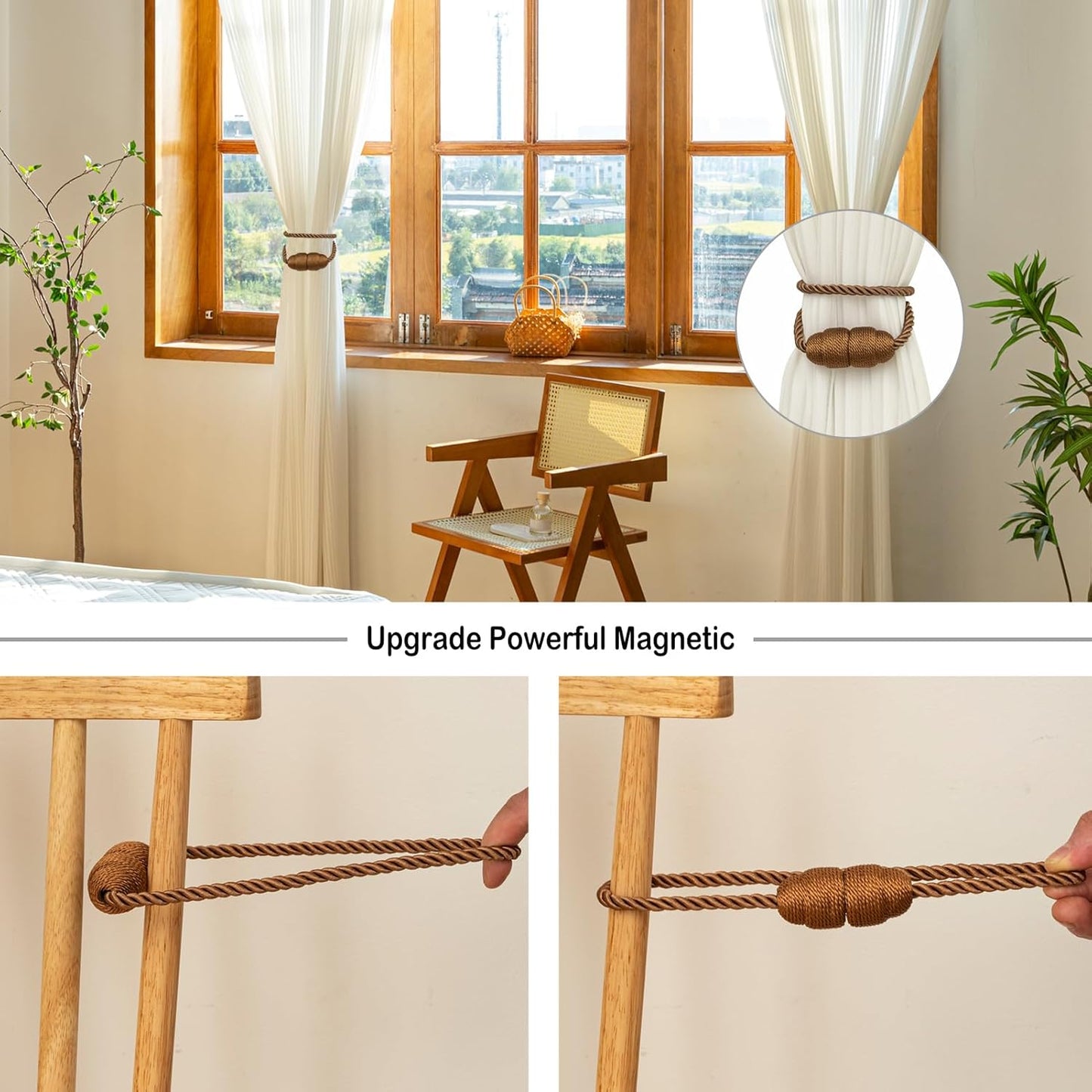 Magnetic Rope Curtain Tiebacks 6 Pack Holders for Drapes and Curtains, Khaki