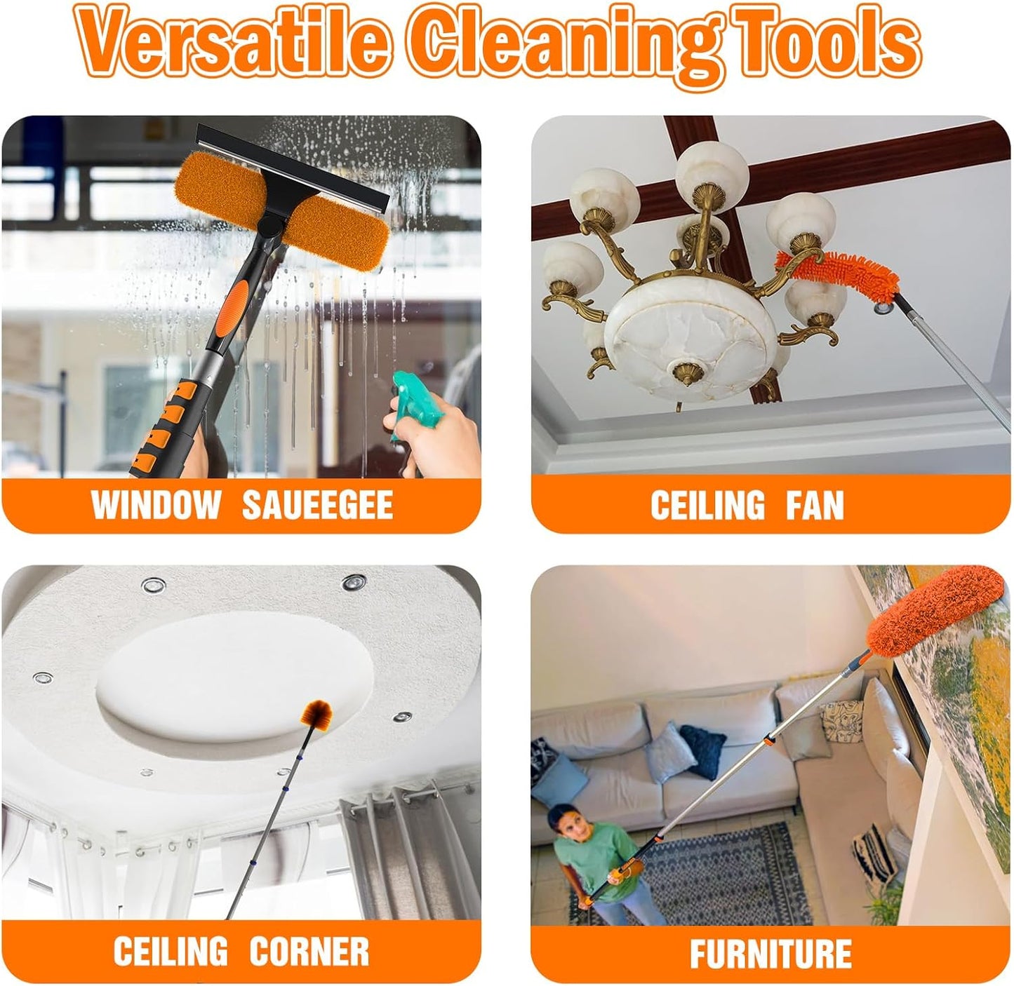 36FT High Reach Duster Cleaning Kit with Extension Pole, High Ceiling Fan Cleaner Duster Tool for Fan Blades, Window Washing Kit with Microfiber Feather Duster & Window Squeegee