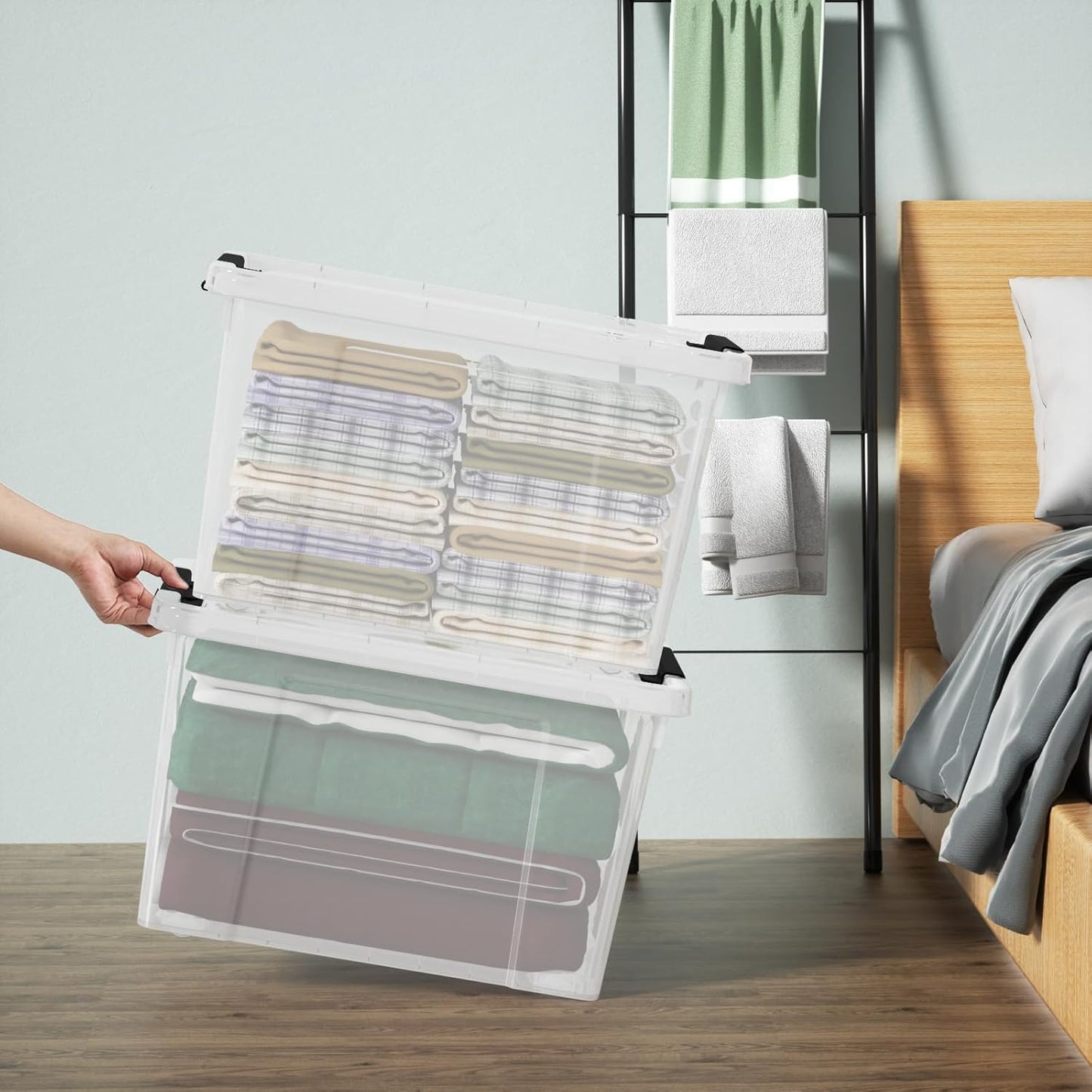 35 Quart Latching Storage Box with Wheels, See-Through Base Plastic Container Bins with Secure Latching Lid, Black Latch, (4-Pack)