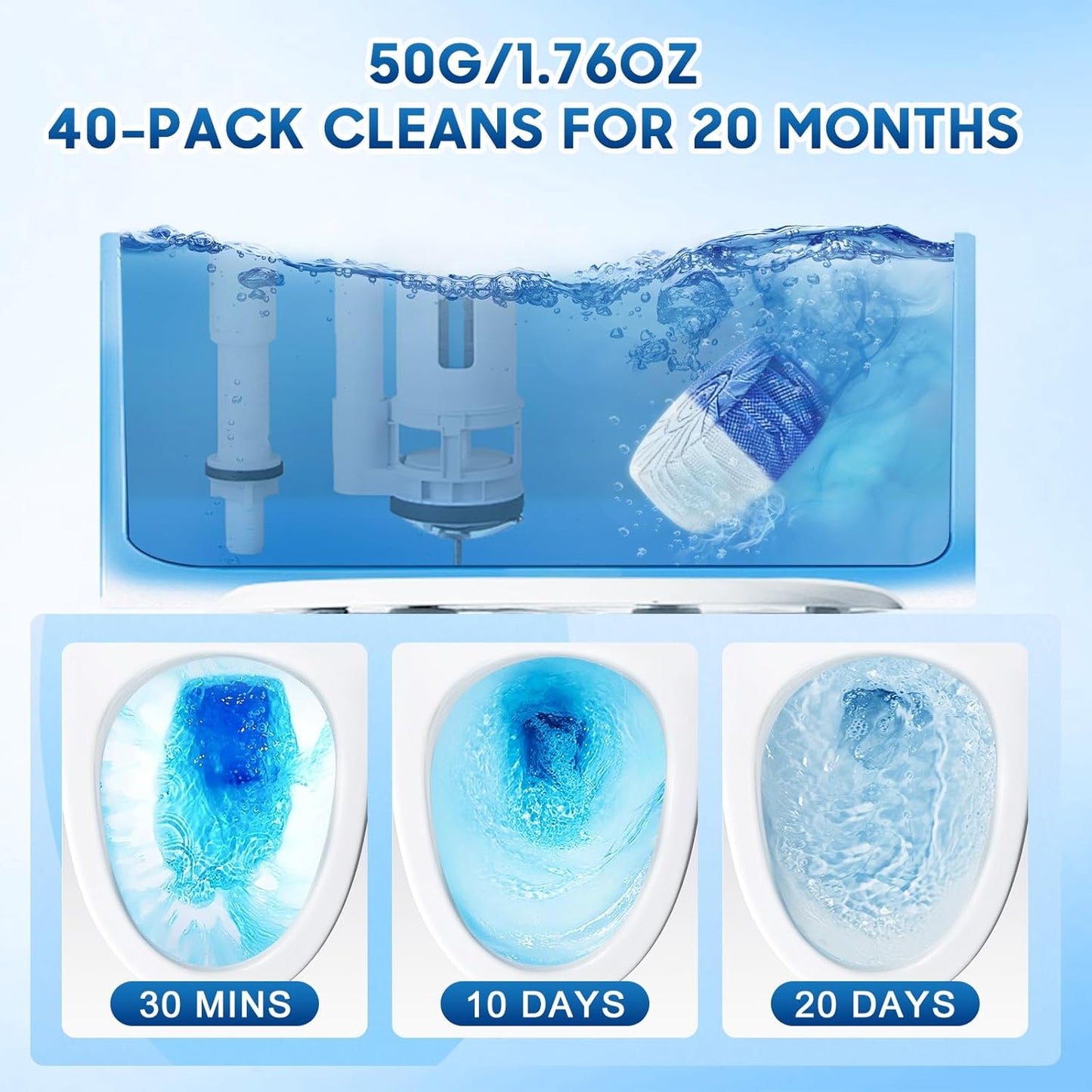 KIISIISO Ultra Clean Toilet Tablets White & Blue-60 PACK, Toilet Bowl Cleaners for Deodorizing & Descaling, Long-Lasting Toilet Bowl Cleaner with Sustained-Release Technology for Stubborn Stains