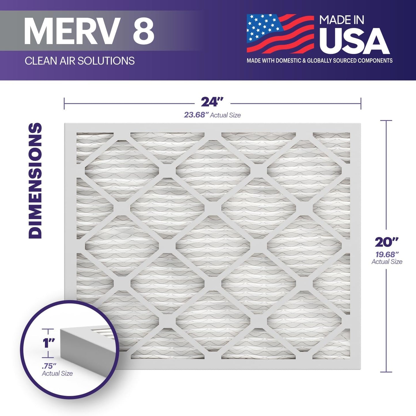 BNX TruFilter 20x24x1 Air Filter MERV 8 (6-Pack) - MADE IN USA – Dust & Pet Defense Electrostatic Pleated Air Conditioner HVAC AC Furnace Filters for Dust, Pet, Mold, Pollen MPR 600 – 700 & FPR 5