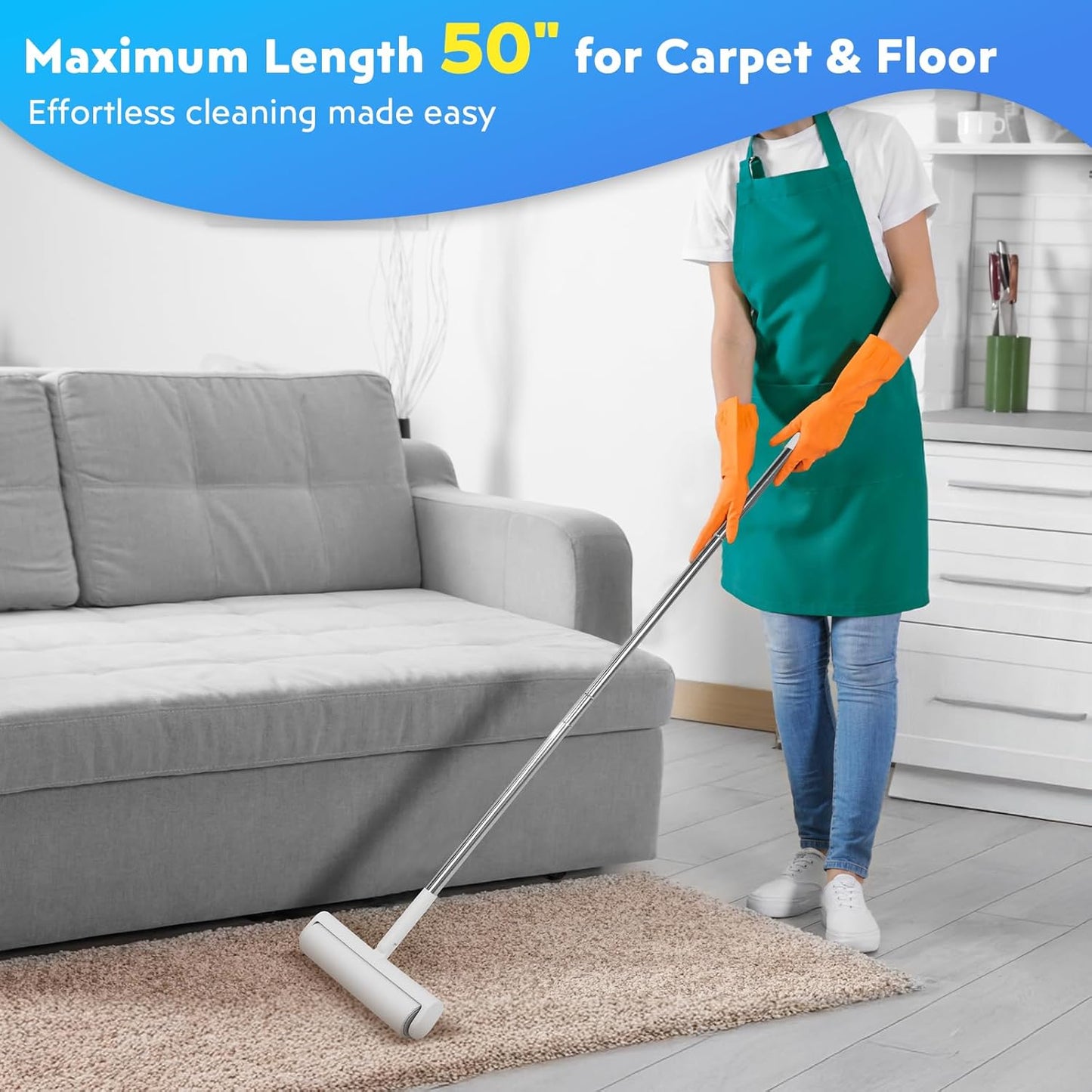 9.49'' Large Lint Rollers for Carpet and Floor, Extra Sticky Giant Rollers with 50'' Long Handle for Carpets, Couch, Floor, Clothing, and Pet Hair Cleaning(1 Pack Floor Roller)