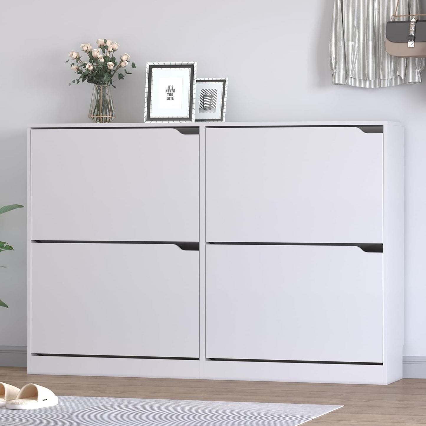 Shoe Cabinet with 4 Flip Drawers, Narrow Hidden Shoe Storage Cabinet, Slim Freestanding Shoe Rack Organizer for Entryway, Hallway, Bedroom, Living Room