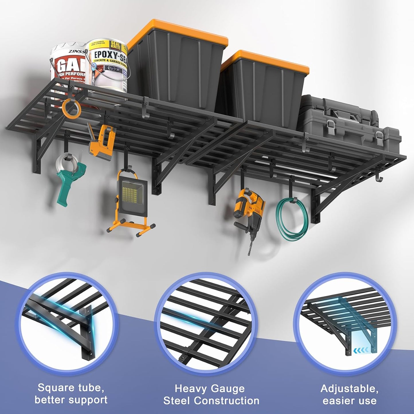 4-Pack 2x3ft Garage Shelving Wall Mounted, 2' x 3' Heavy Duty Garage Storage Shelves with Hooks, 800LB Capacity