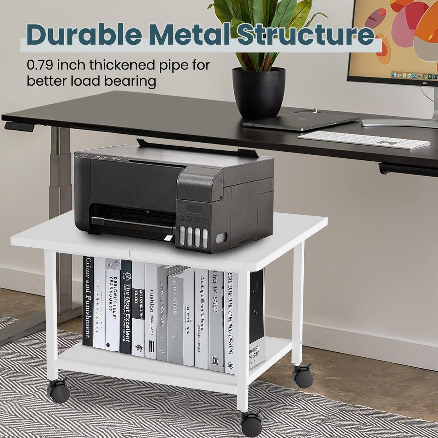 Printer Stand with Storage Under Desk Shelf, Desktop Printer Stand Organizer, Rolling Printer Cart Storage Paper Files Holder for Desk, Office, Home, (White)