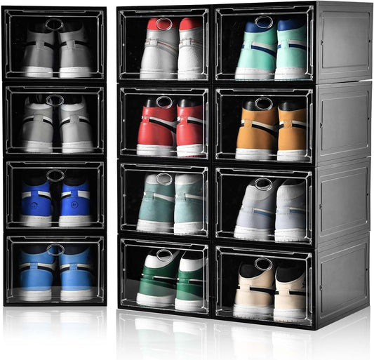 12 Pack Shoe Boxes Stackable,Upgraded Sturdy Shoe Storage Boxes with Clear Magnetic Door,Multifunctional Sneaker Storage, Shoe Box Organizer Fit up to US Size 12 Gray(13.8”x 9.84”x 7.1”)