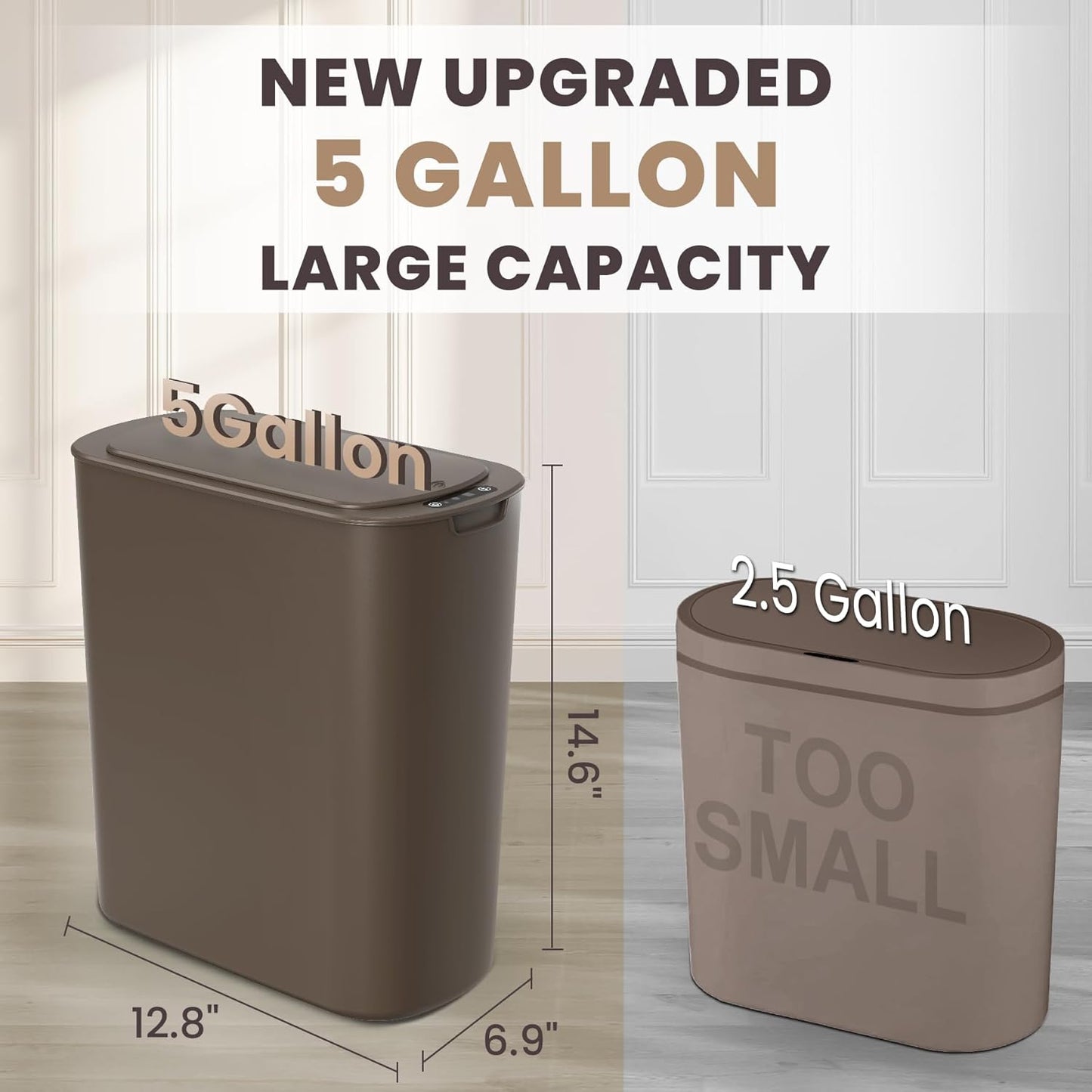 Cesun Motion Sensor Trash Can, 5 Gallon Automatic Bathroom Garbage Can with Lid, Touchless Smart Plastic Slim Wastebasket for Bathroom, Office, rv, Bedroom, Living Room, Brown