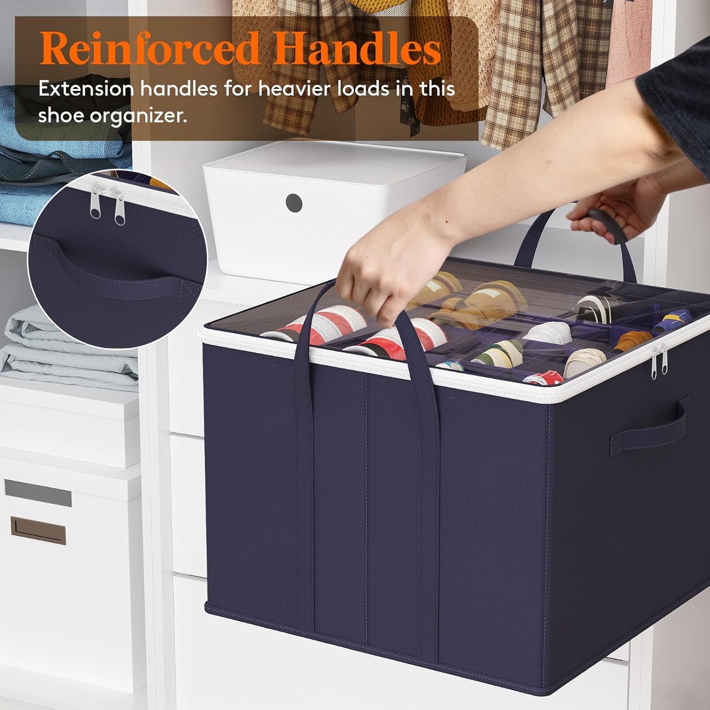 Lifewit Shoe Storage Organizer for Closet Fits 12-16 Pairs, Fabric Large Shoe Box Storage Containers with Clear Cover, Foldable Bins Fit for Boots Heels Sneakers 17"(L) x 17"(W) x 12.5"(H) 3 Pack Blue