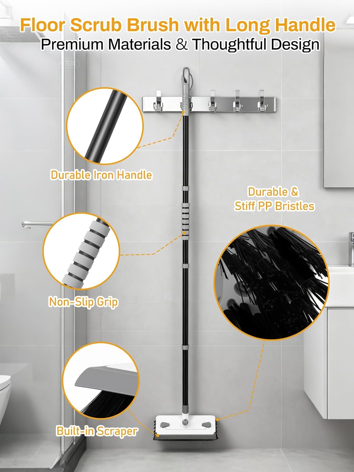 3 in 1 Floor Scrub Brush with Long Handle 55" Push Broom Stiff Bristle Scrubber Brush Squeegee Scrape & Detachable V-Grout Brush for Bathroom Kitchen Tile Deck Patio Garage Concrete Wall Cleaning Tool