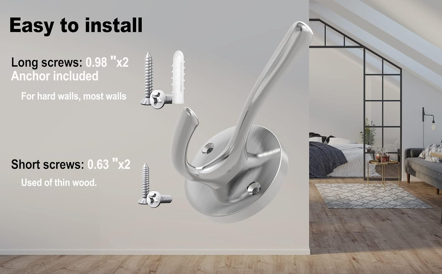 Brushed Nickel Wall Hooks Towel Hooks, 2 Pack Coat Robe Hook Heavy Duty Bathroom Double Hook Wall Mounted, Hand Towel Hooks for Closet Entryway Cubicle Kitchen