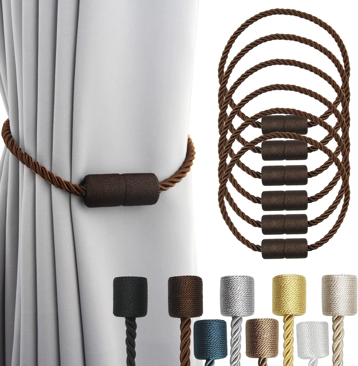 6 Pack Coffee Strong Magnetic Curtain Tiebacks Outdoor Elegant Decorative Tie Backs Modern Rope Tiebacks for Drapes Window Curtain Holdbacks for Draperies