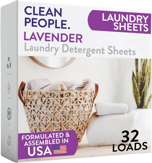 The Clean People Laundry Detergent Sheets - Laundry Soap - Ultra Concentrated, Recyclable Packaging, Stain Fighting - Lavender, 32 Pack