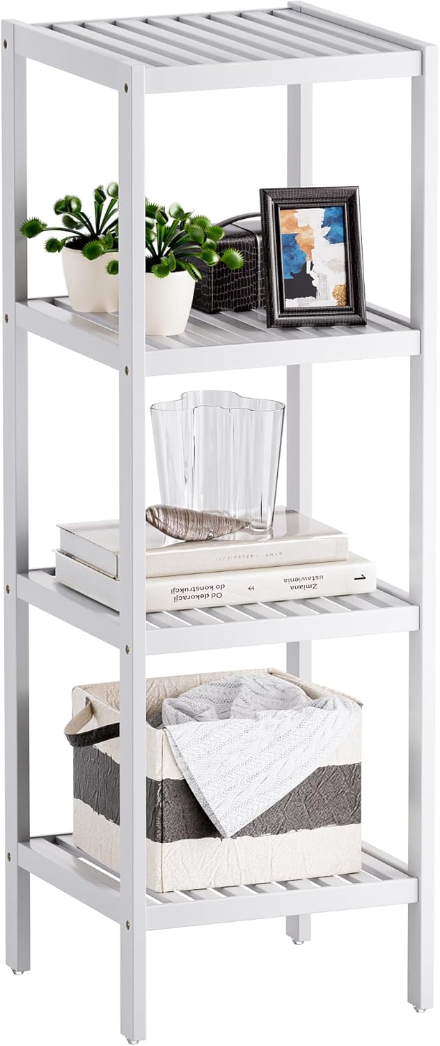 SMIBUY Bathroom Storage Shelf, 4-Tier Bamboo Rack Organizer, Multifunctional Shelving Unit for Living Room Bedroom Kitchen (White)