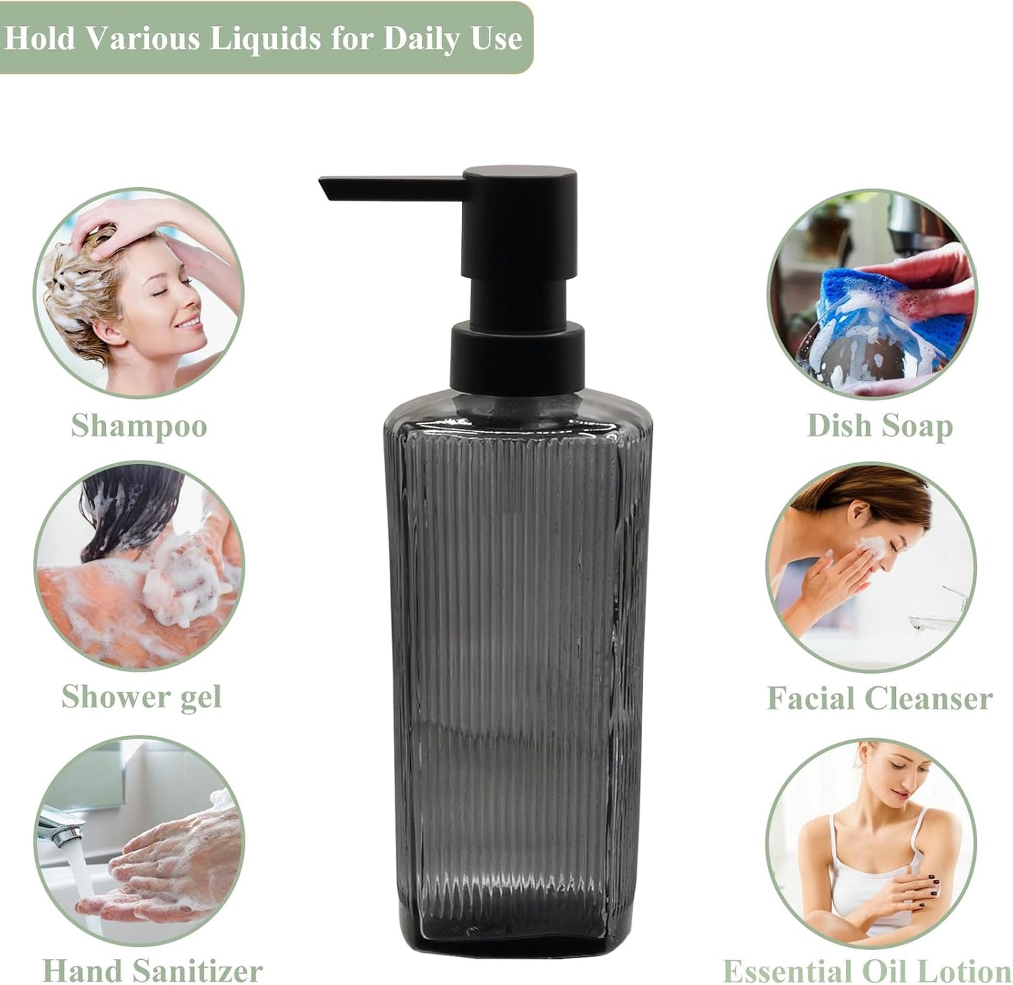 Grey Glass Soap Dispenser with Black Plastic Pump, 12oz Lotion Dish Dispenser, Refillable Liquid Hand Soap Dispenser for Modern Home Decor, Bathroom, Kitchen Countertop, Hotel