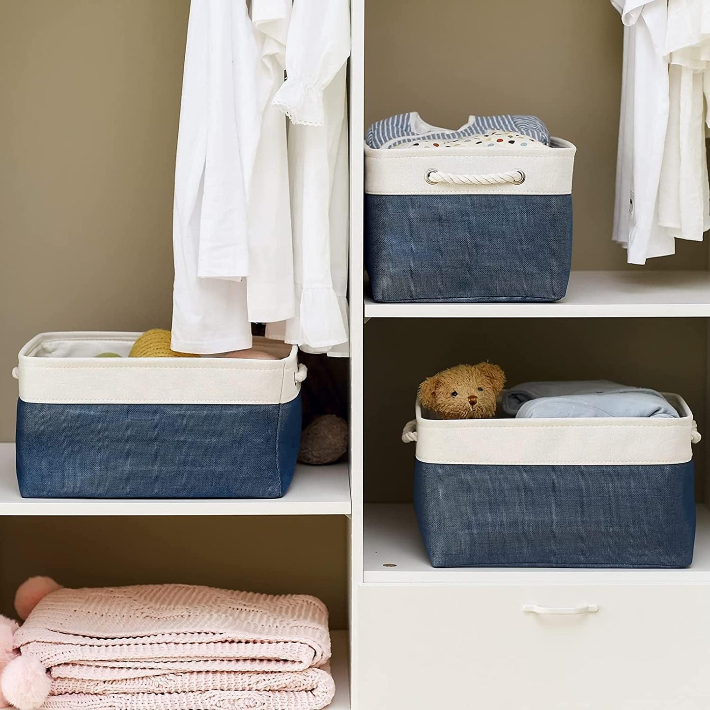 TheWarmHome Storage Bins for Shelves - 1 Pack 15.7x11.8x8.3 inch Fabric Storage Cubes, Storage Basket for Organizing Gift Laundry Cloth Toy Room (White & Jean Blue)