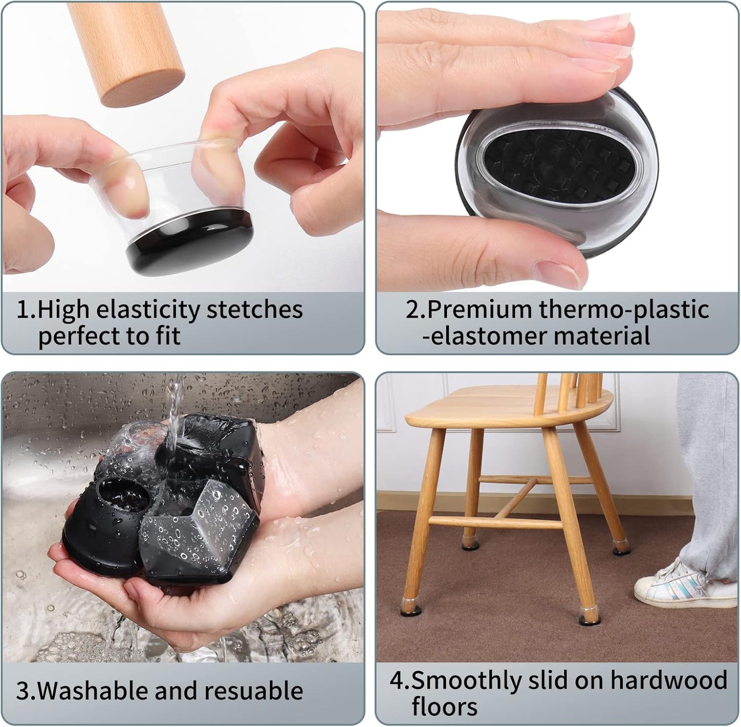 Ezprotekt 24 Pcs Large Clear Silicone Chair Leg Sliders for Carpet, Round Chair Glides for Rug, Teflon Furniture Pad Bar Stool Chair Leg Protectors Caps to Slide Smooth (XL Fit: 1-2/5" to 1-13/20")