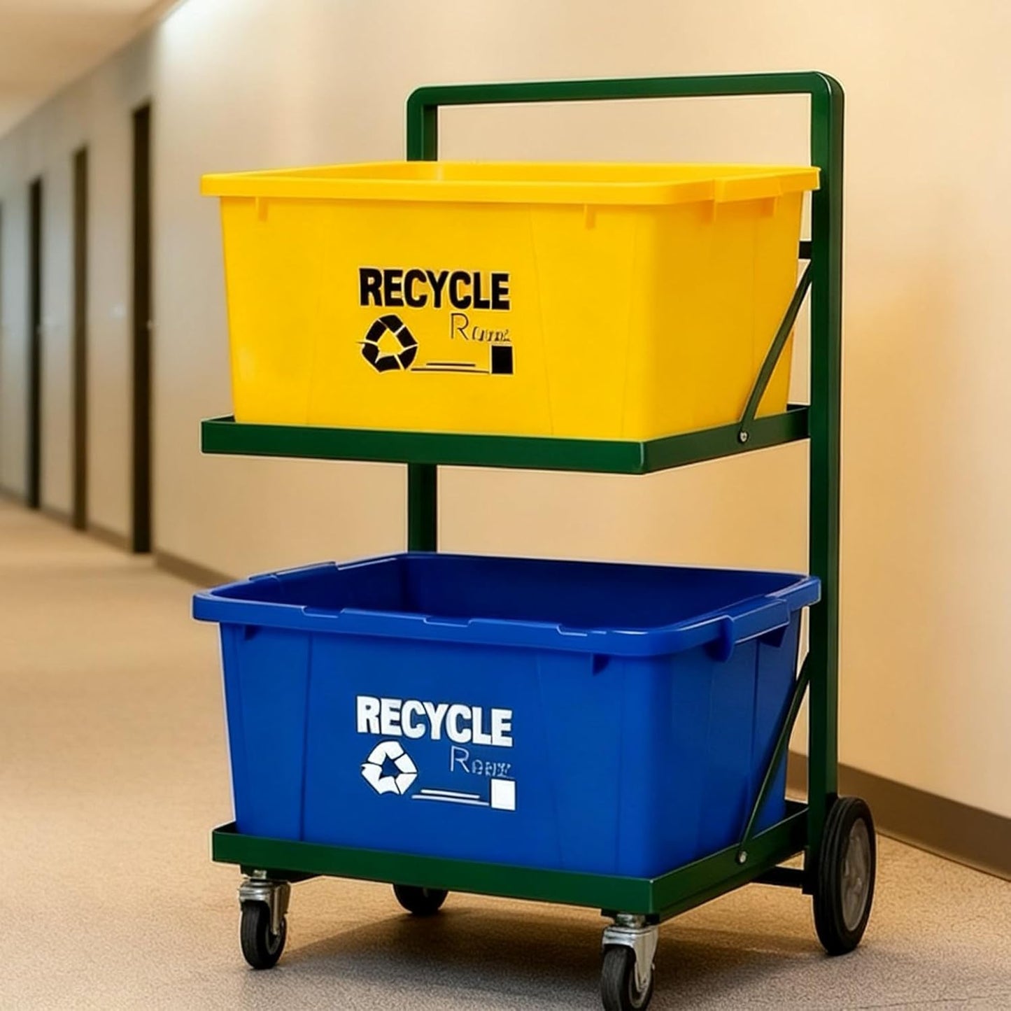 Recycling Cart,2-Tier Recycle Bin Cart with Wheels,Holds up to 140 Lbs,Rolling Utility Organizer for Garbage Sorting,Warehouse and Garage (Green)