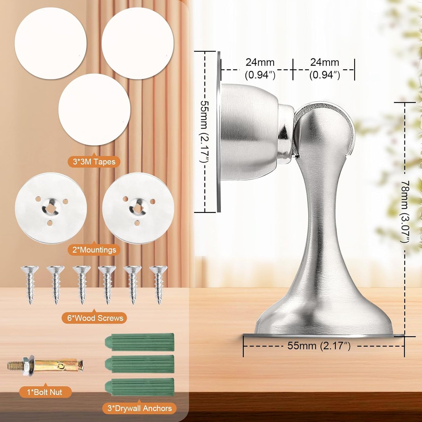 Probrico Brushed Nickel Magnetic Door Stoppers for Bottom of Door, Stainless Steel Magnet Door Catch Door Stops to Keep Door Open, Heavy Duty Door Holder, Wall and Floor Mounting, 6 Pack