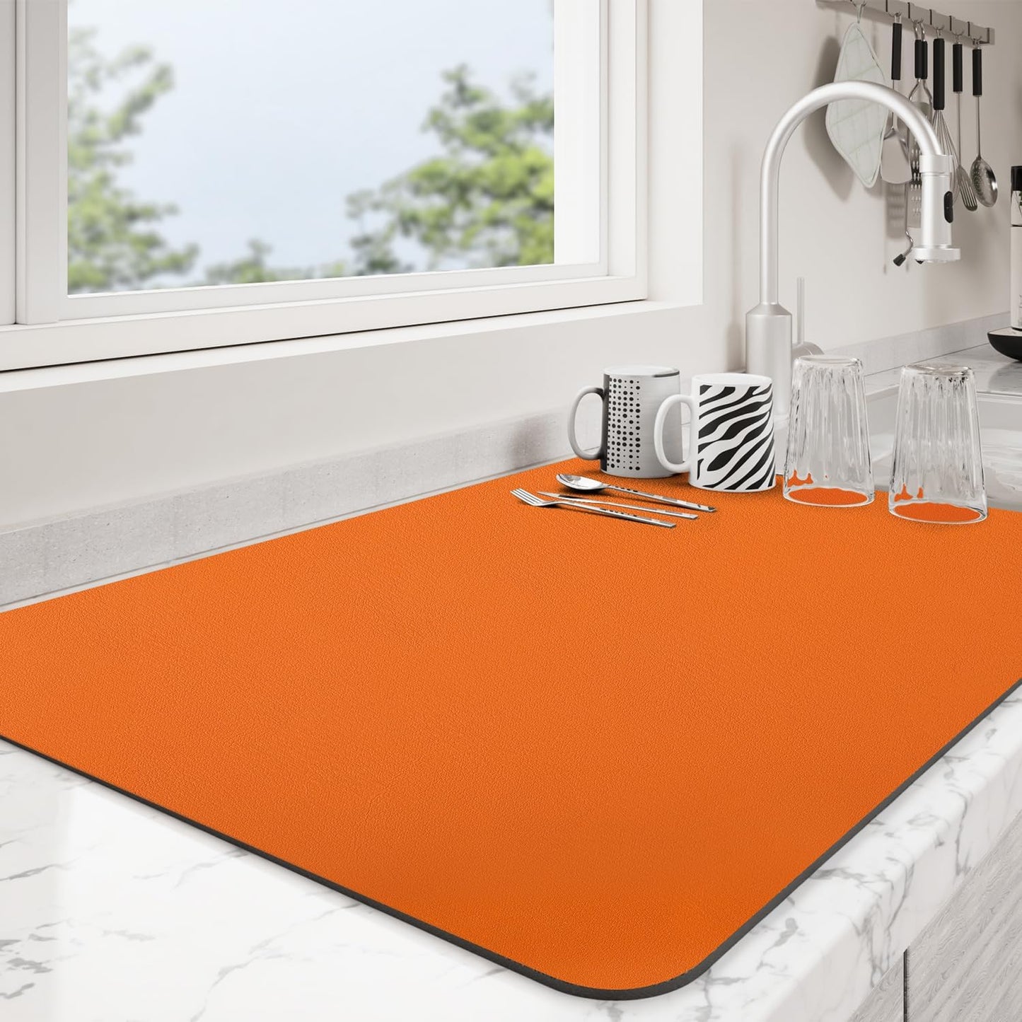 Dish Drying Mat for Kitchen Counter | Coffee Bar Mat for Countertops | Heat Resistant Drainer Mat with Non-slip Rubber Backed | Hide Stain Kitchen Absorbent Draining Mat | Orange 16"x18"
