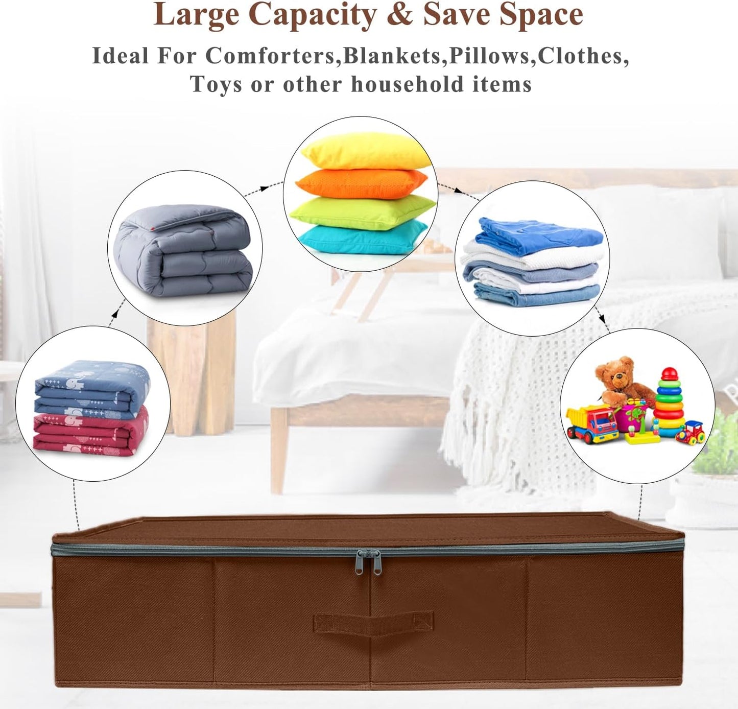 punemi Underbed Storage Box, Under Bed Clothes Storage With Sturdy Structure and Ultra Thick Fabric & zipper Lid, Use as Clothes Organizer, Pillow and Blanket Organizer, Brown, Large, 2 pack