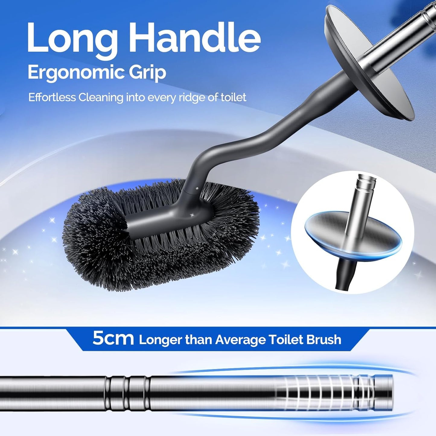 Hamitor Toilet Brush and Holder Set: 304 Stainless Steel Rustproof Toilet Scrubber with Under Rim Deep Cleaning Curved Bristle - Bathroom Cleaner Brush for Renters Homeowners Family Silver 2 Pack