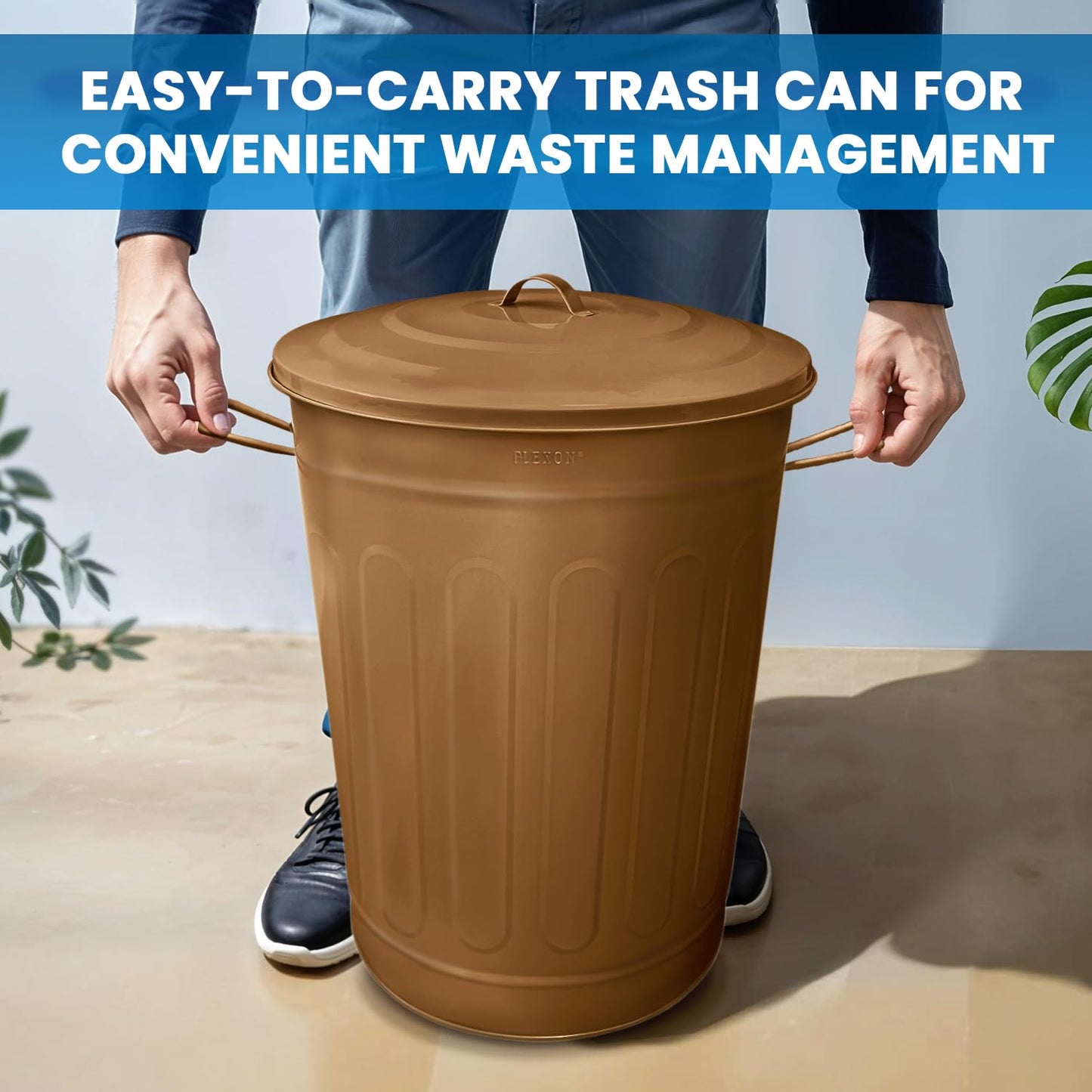 Plexon Round Trash Can 13 Gallon, Vintage Metal Outdoor Trash Can with Lid, Retro Farmhouse Garbage Container, Old School Modern Ash Bucket, Copper 2 Pack