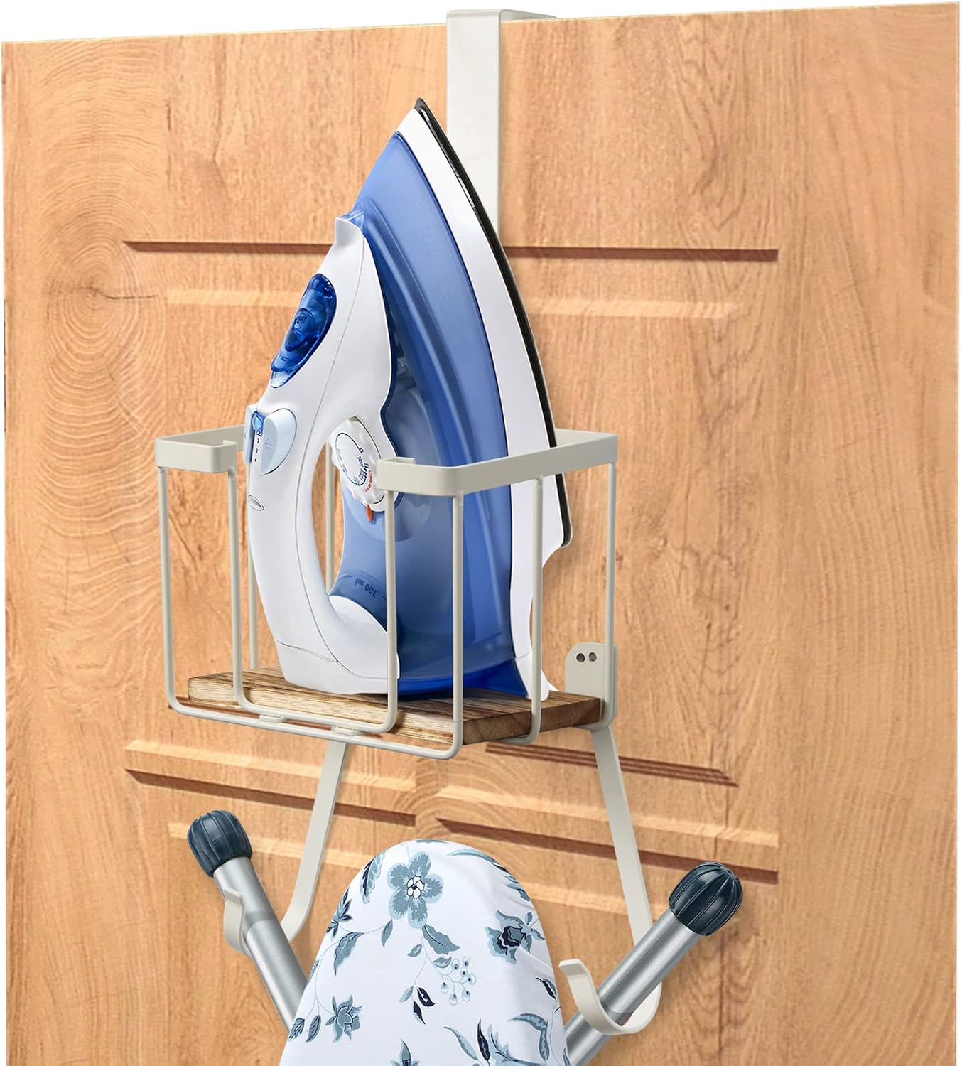 TJ.MOREE Over The Door/Wall Mount Ironing Board Hanger, Laundry Room Iron and Ironing Board Storage Holder, White