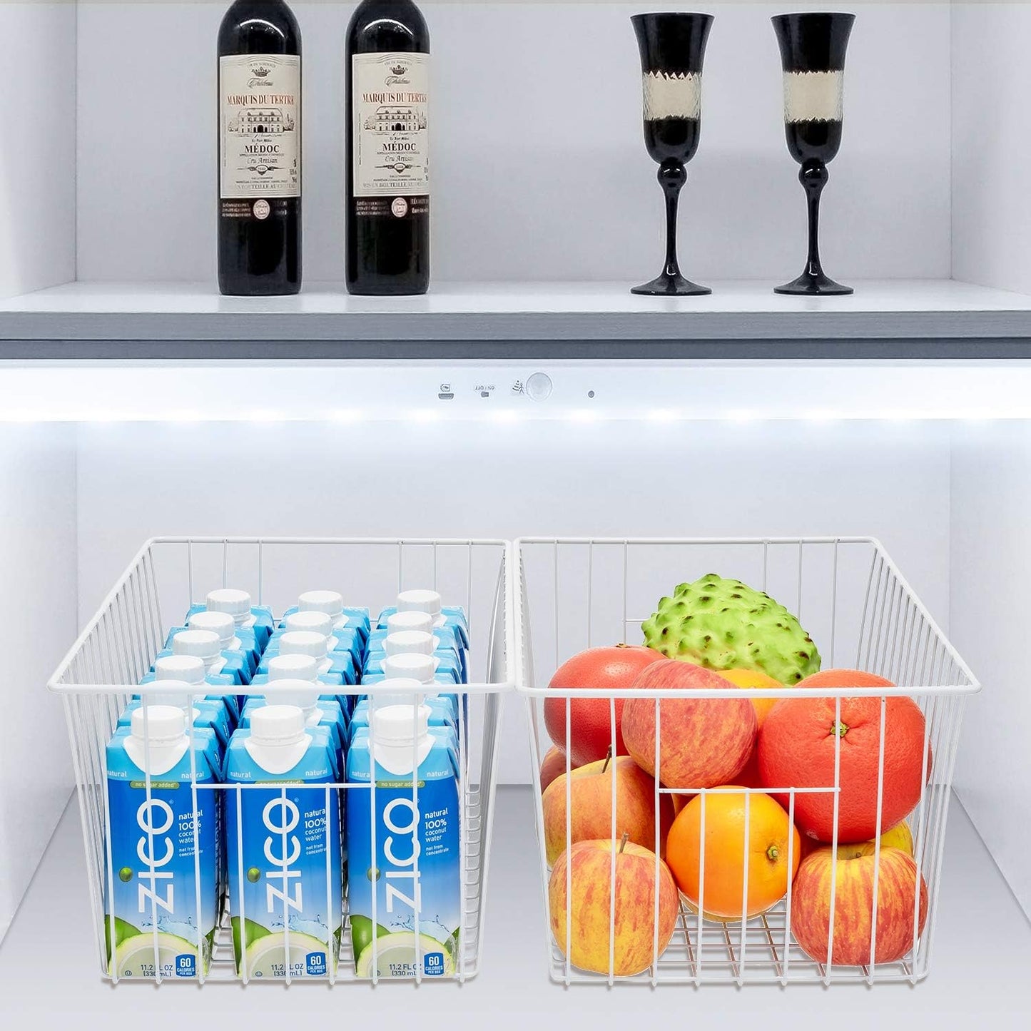 Upright Freezer Organizer Bins， Freezer Baskets for 16, 17, 21 cu.ft Standup Freezer, Wire Storage Baskets with Built-in Handles, 4Pcs , White