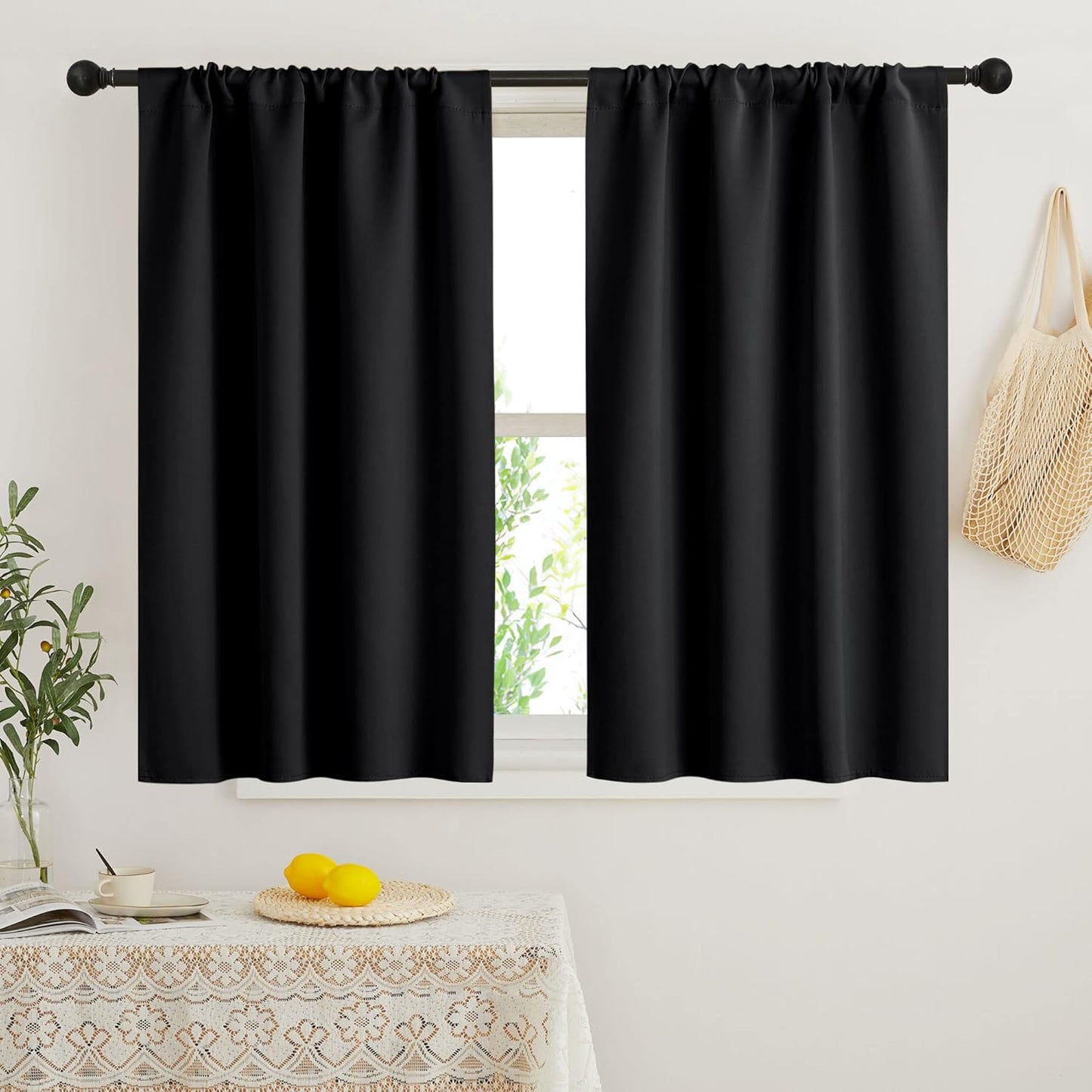 RYB HOME Black Short Curtains Blackout, 45 inch Durable Cafe Curtains Room Darkening Window Drapes Privacy Protection for Basement Closet Kithen, W34 x L45 inch, 2 Panels