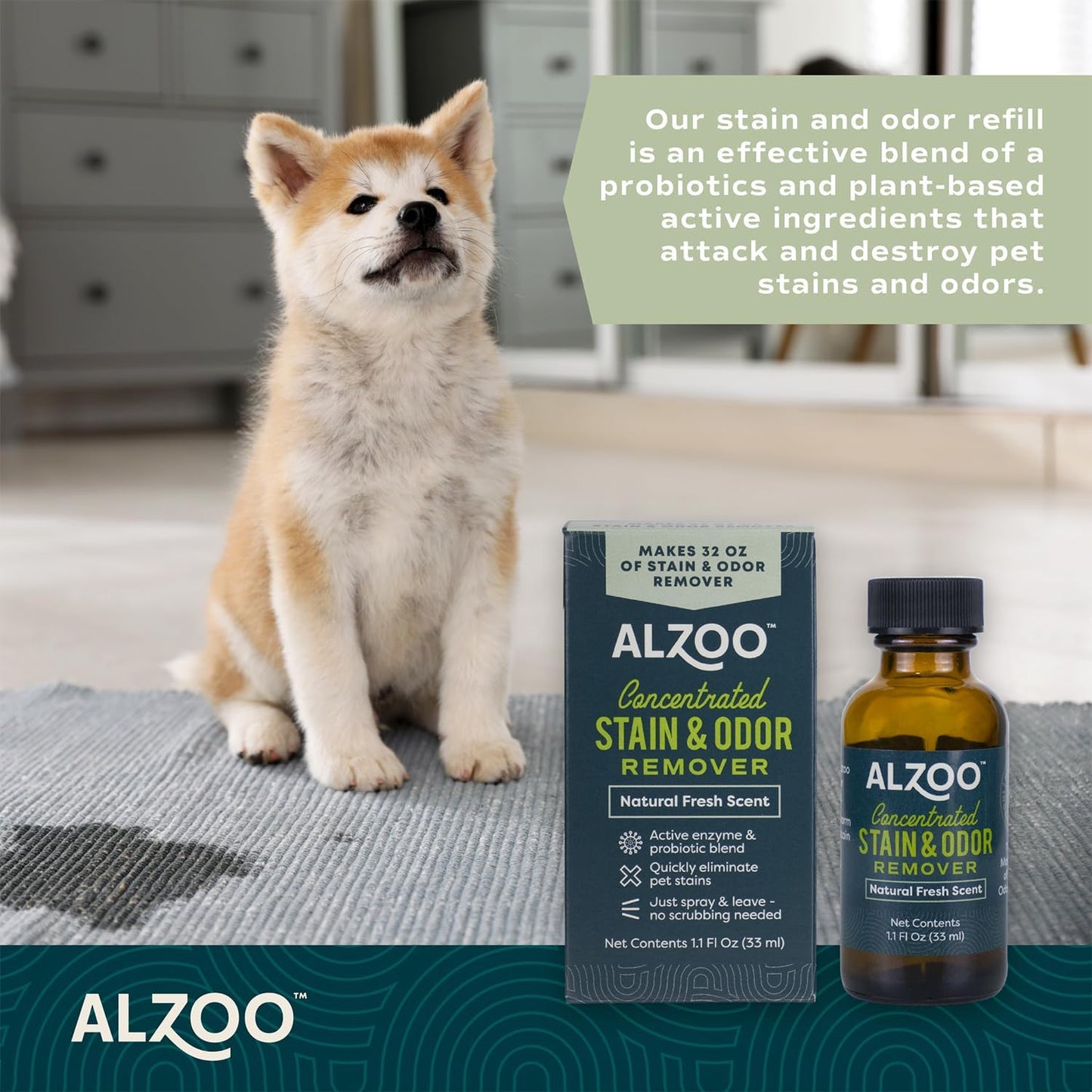 ALZOO Concentrated Stain & Odor Remover Refill Bottle, 100% Plant-Based Active Ingredients, 1.1 Fl. Oz