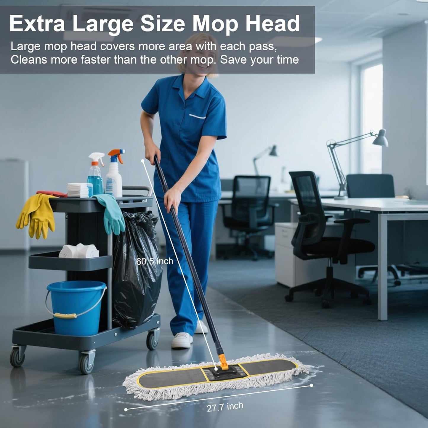 24" Commercial Dust Mop for Floor Cleaning,Heavy Duty Floor Duster Sweeper Broom with 2 Replacement Mop Pads,Large Wet Dry Flat Mops for Hardwood Floors,Marble, Laminate,Tile,Concrete,Garage (Grey)