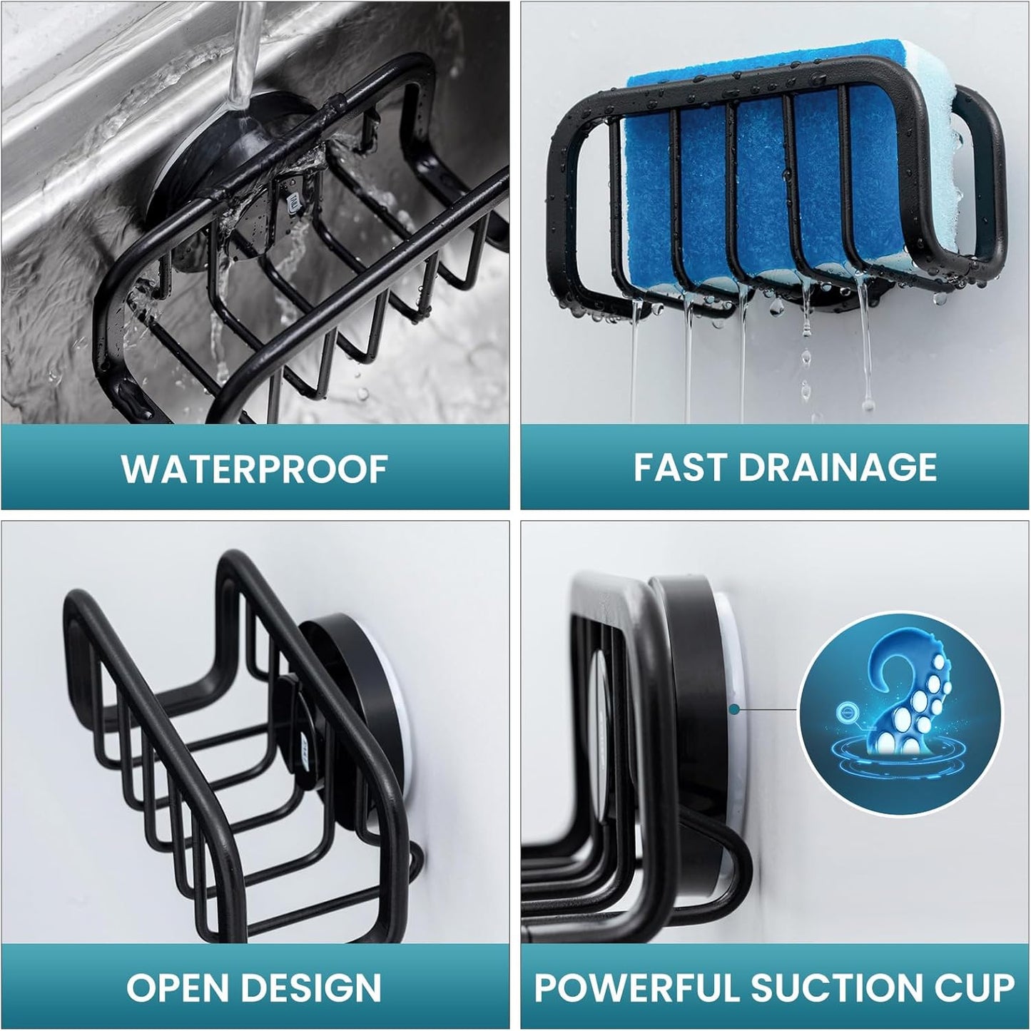 TAILI Sponge Holder for Kitchen Sink with Strong Suction Cup, Rustproof Aluminum Sink Caddy, Removable Sponge Holder, Dish Brush for Scraper - Black