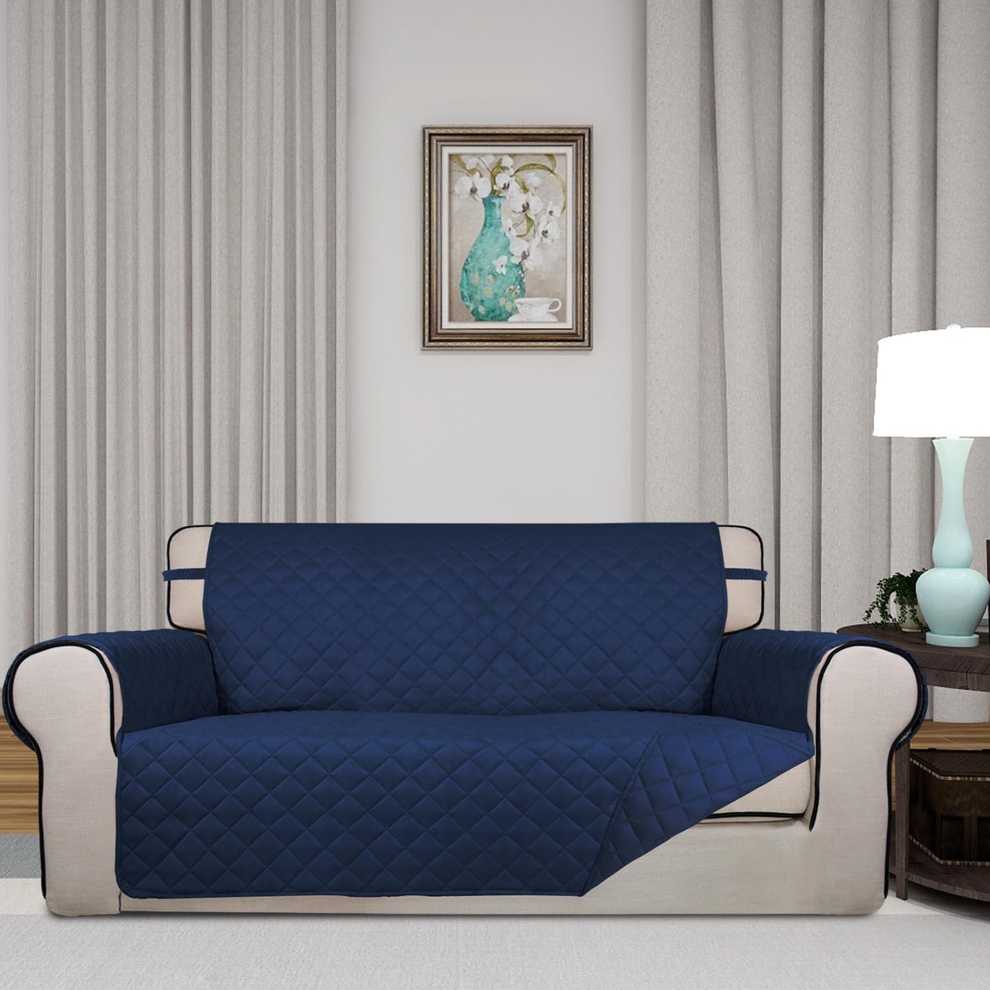 PureFit Reversible Quilted Sofa Cover, Water Resistant Slipcover Furniture Protector, Washable Couch Cover with Non Slip and Elastic Straps for Kids, Dogs, Pets (Oversized Loveseat, Navy/Navy)